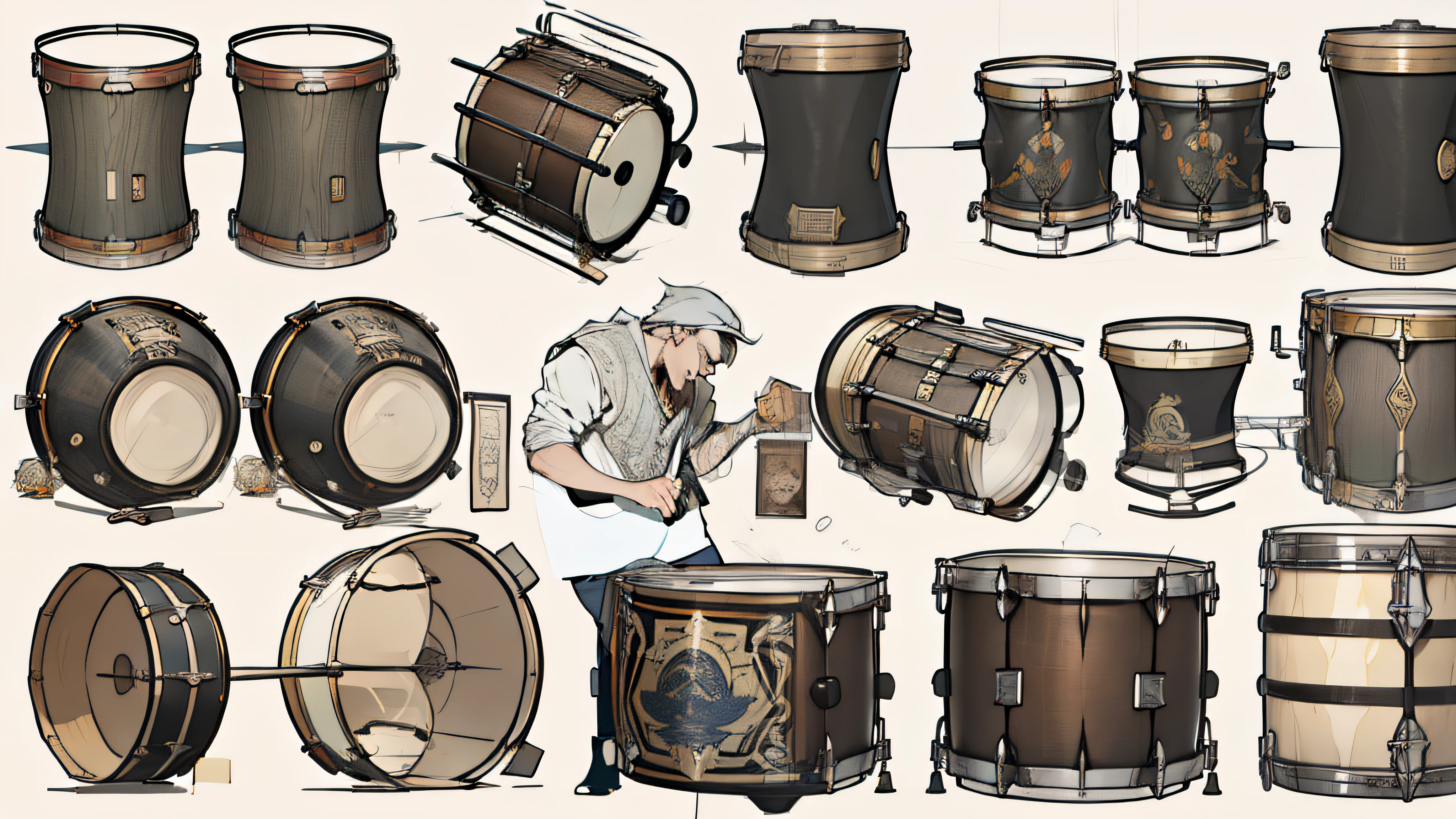 drummer，Homem de meia idade。Pirate outfit，Leather clothes，ripped jeans。Play a drum kit in the cabin。frenzied，rock music。An Alphonse Mucha's（Alphonse Mucha）Art of，illustration，lineworks。Character lines and scenes without colors and shadows。 black and white monochrome。（tmasterpiece，best qualtiy，A high resolution：1.4），the detail，complexdetails，4K。