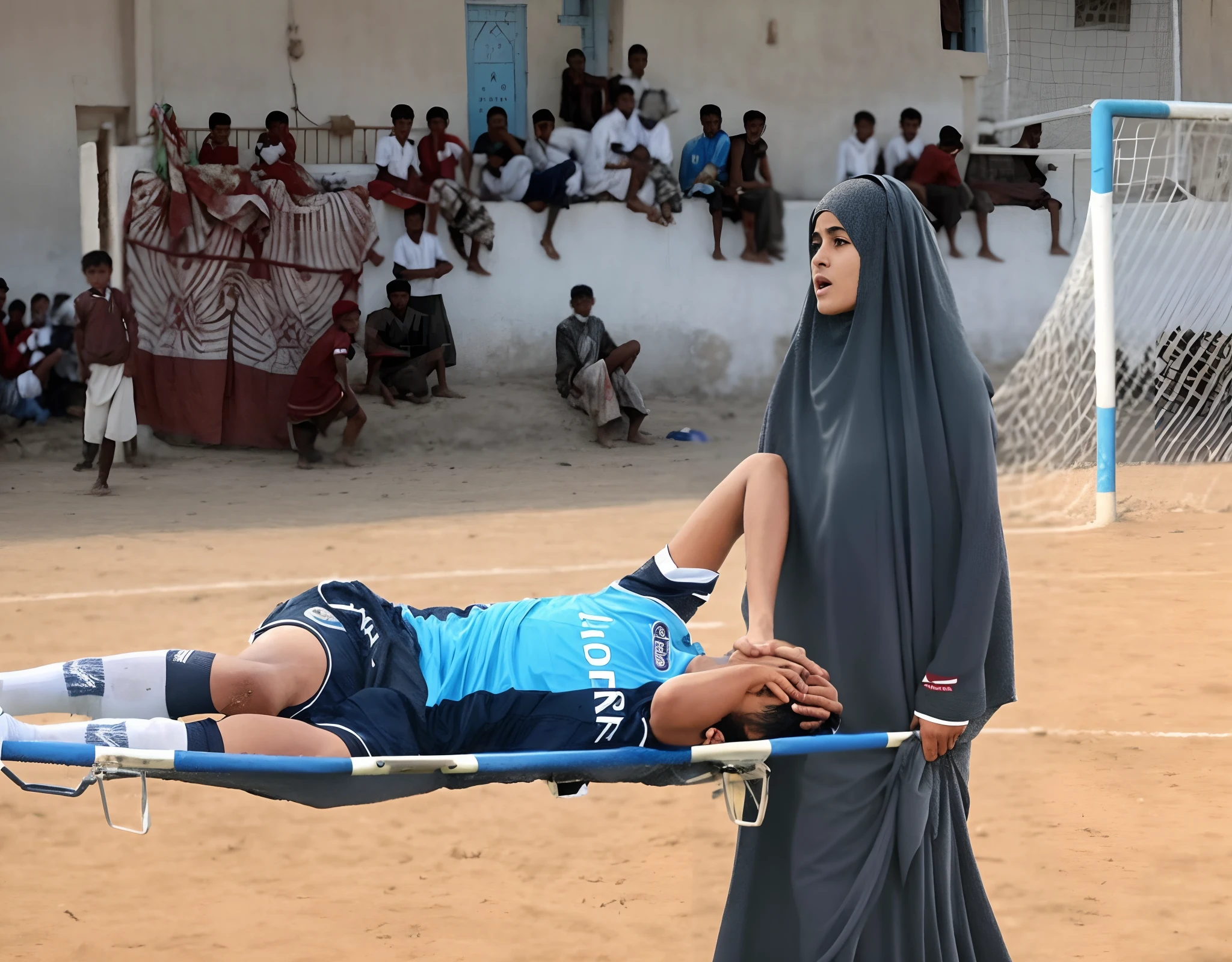 a soccer scene in a stadium in yemen with a dusty brown pitch, a veiled yemeni woman in a black high-gloss plastic hijab walks in front of us with an angry face and an extremely horrified and desperate expression from right to left across the dusty soccer field, the yemeni woman carries in a horizontal orientation a stretcher on which an injured footballer lies in dull and dusty blue sportswear, the footballer lies sideways on the stretcher with his legs slightly bent and his torso towards us and has both arms bent and hands in front of his face, the footballer's head on the trage lies close to the yemeni woman's plastic hijab and is concealed by the footballer's akimbo arms and hands, the footballer in the mat cotton sportswear has his hands clasped in pain in front of his face and radiates an aura of pain and sorrow, the yemeni woman in the shiny black plastic hijab carries the injured soccer player on the stretcher, which she holds before our eyes over the dusty soccer field, in the background you can see the occupied stands of the yemeni soccer stadium, a soccer game in yemen, sports injury, transport on the stretcher, yemeni woman, high-resolution photo, ultra-realistic photo, photorealistic shot, super high-resolution and sharp photo, shiny black plastic burka, best shot, impressive winning photo, realistic shot, perfect shot, injured, intense moment