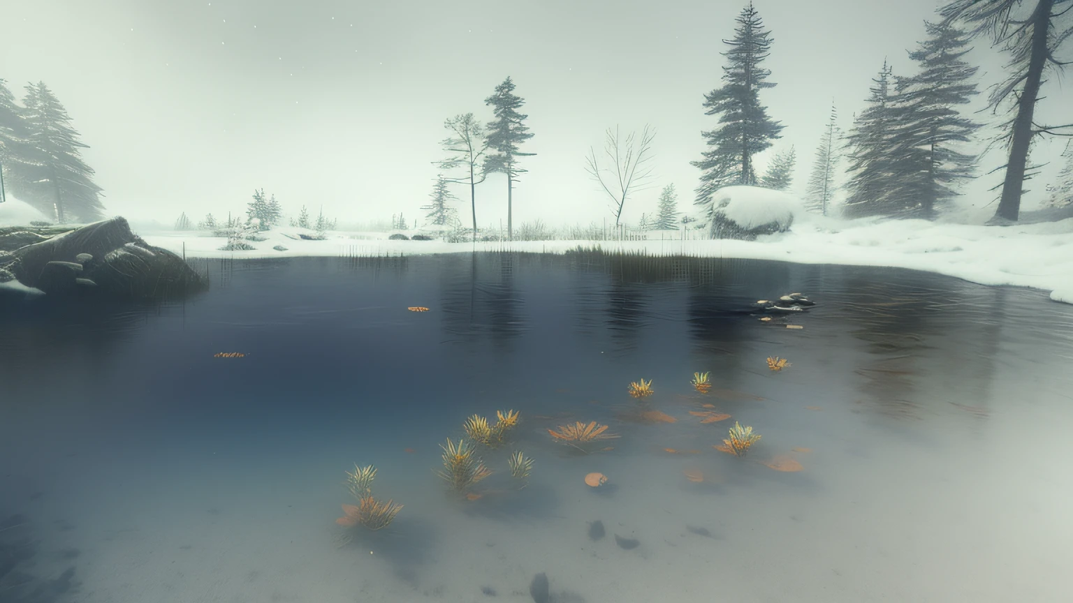 There is a small pond in the middle of the snowfield, subsurfacescattering, realistic water, Rozarsky, partially underwater, Snowy plains, sub surface scattering, From Game Pathology 2, flooded ground, rendered in cryengine, In the game Pathology 2, realistic wood swamp, Root underwater, detailedwater, detailed lake in background