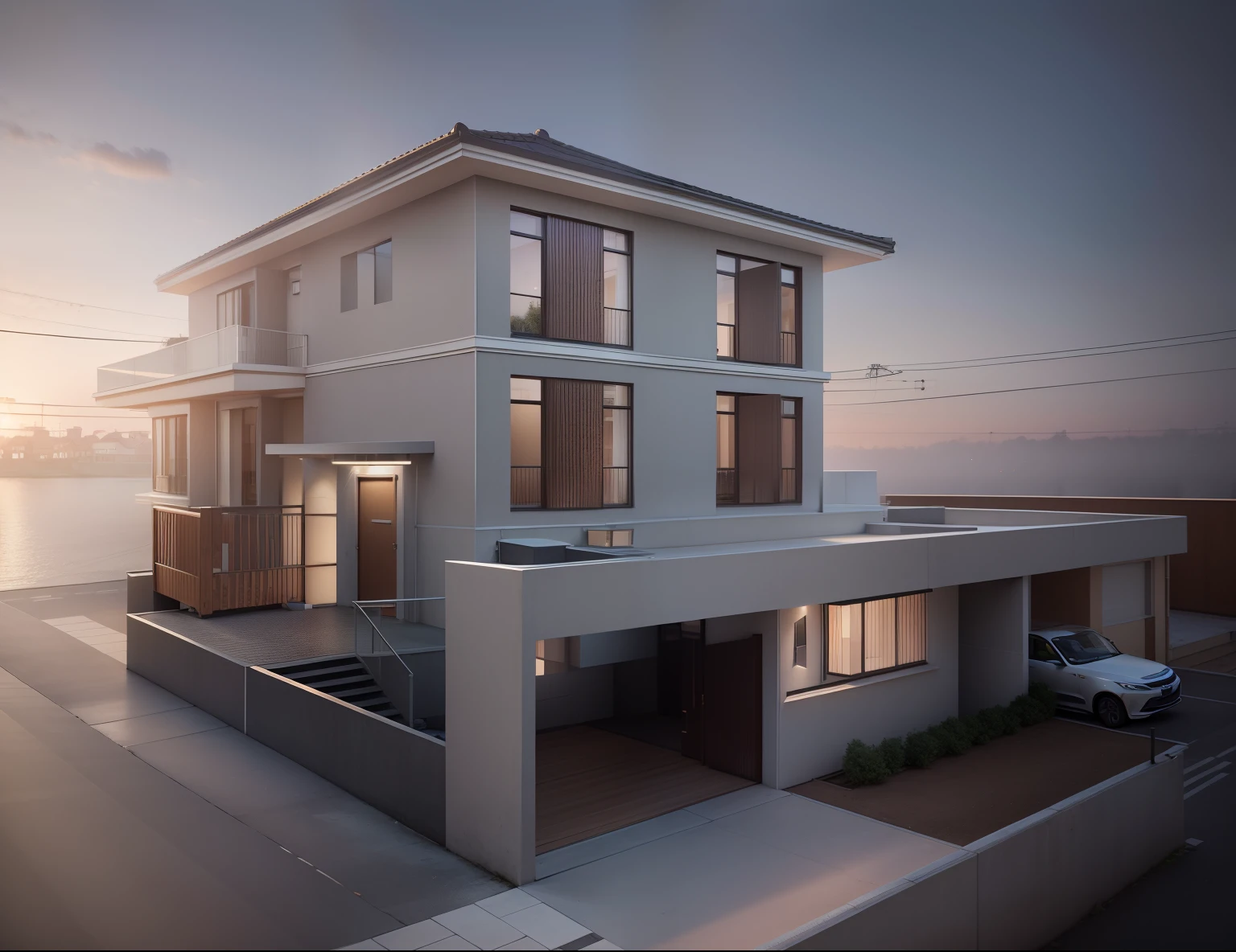 (Urban townhouses ,Close houses and trees), Daylight ( Best quality) ((High solution)) ,(( photograph realistic)) ,Warm light, (Sharp focus) Modern style townhouse front view,Small house, Narrow areas,vietnam,allure, Curved arches,Beautiful facades,Arc window,Narrow and long ,Two floors,Color each other, Soft lighting, Warm atmosphere,high resolution, ultra - detailed,4K ,vray render, rendering by octane, Ultra photo realsisim, Photography expert ,Exterior design , Professional photography, exterior photography,wide - angle shot , Ultra detail , high resolution , full framing, full bodyesbian