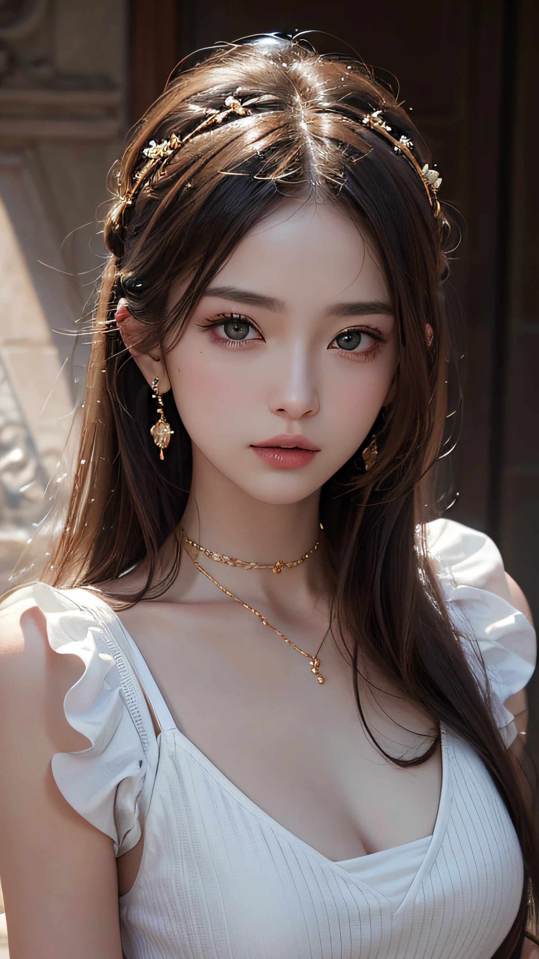 tmasterpiece、top-quality、portrait of one girl、hair adornments、a necklace、jewely、beautiful countenance、after sexing_Body、Tindall effect、Photorealsitic、Dark Studio、rim lit、twotonelighting、(High-detail skin:1.2)、8K, Ultra HD、Digital SLR, softlighting, high high quality, voluminetric lighting, Frankness, A picture, A high resolution, 4K, 8K,
