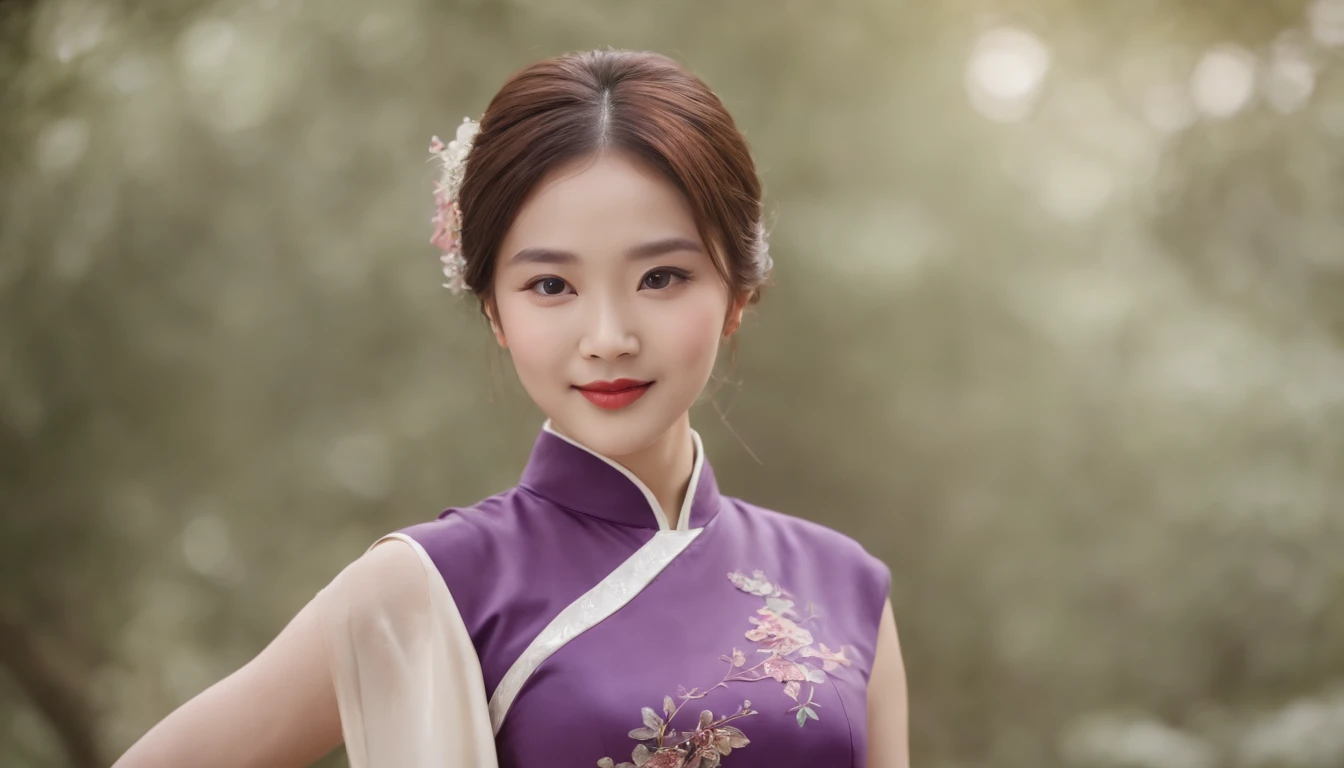 Chinese woman in purple dress holding fan smiling, Purple tunic, on cheongsam,full bodyesbian,Masterpiece,Best quality,the detail, (The face is clear), (petty face), (Eyes caressed), smiling at camera,35mm,(Out of focus),