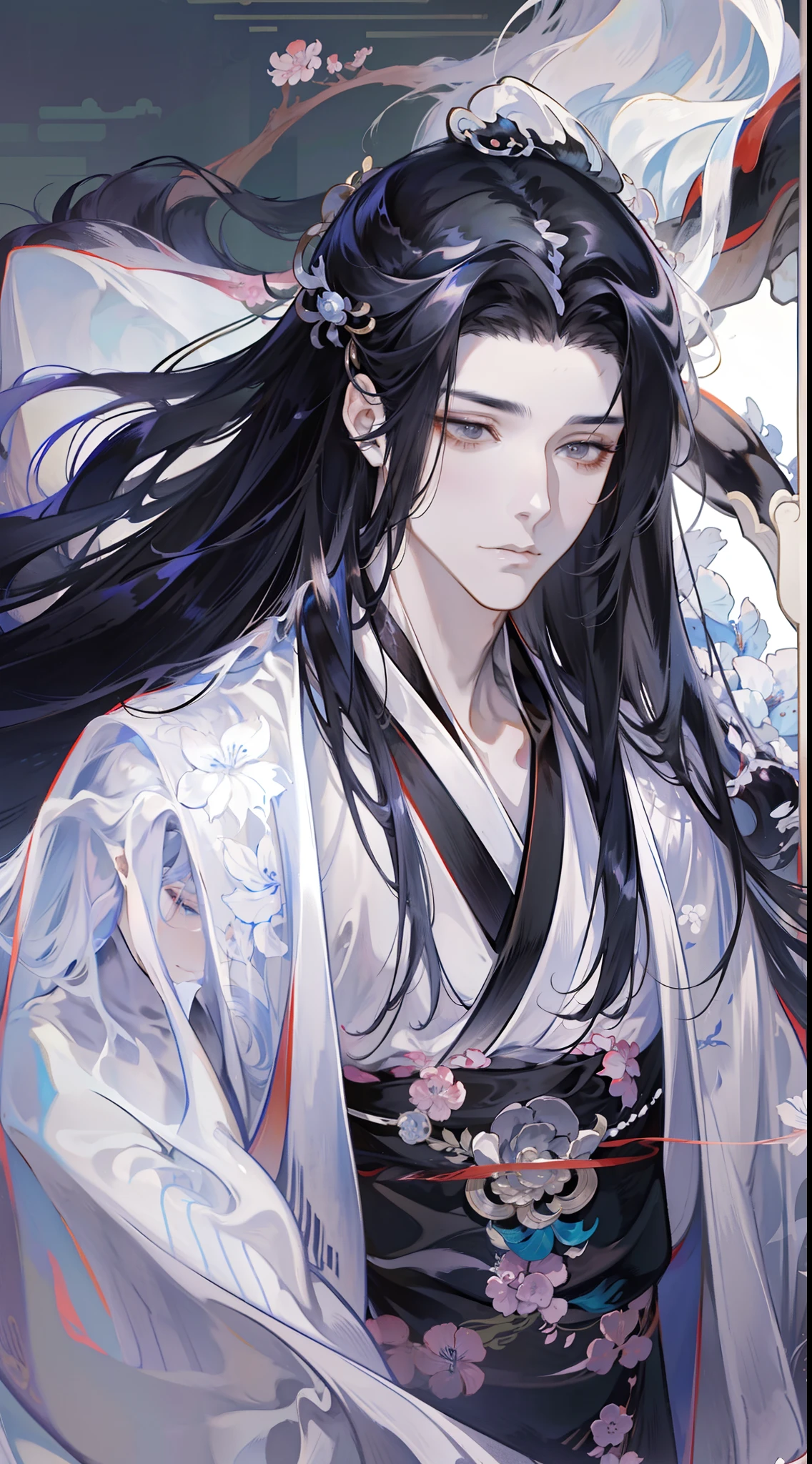 Anime characters with black hair and white horses, flowing hair and long robes, heise jinyao, beautiful male god of death, handsome guy in demon killer art, onmyoji portrait, Inspired by Seki Dosheng, by Yang J, zhao yun, Beautiful androgynous prince, Inspired by Bian Shoumin, Flowing white robe