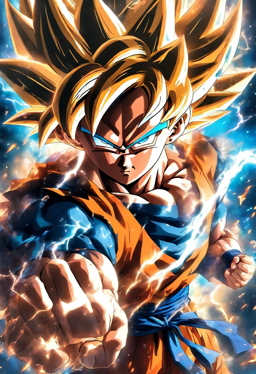 best quality,4k,8k,highres,masterpiece:1.2,ultra-detailed,realistic:1.37,son Goku,anime,dark lighting,athestic,detailed hair and eyes,muscular body,determined expression,cosmic background,fiery aura,flying in mid-air,universe power,shining energy blasts,powerful punch,kamehameha,orange and blue color scheme,dramatic shadows