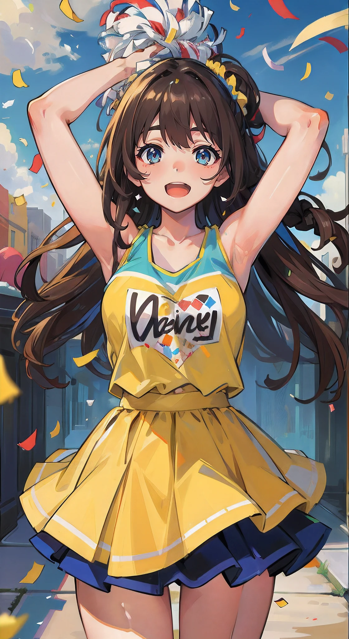 (Masterpiece:1.5), illustration, 4K, 8K, (High quality:1.1), Highly detailed, Detailed face, hdr, Vivid colors, Natural lighting, pretty eyes, Detailed eyes, Colorful eyes, Beautiful face, 1girll, Long hair, Messy hair, Brown hair, Double up braid, scrunchie, hair adornments, cheer leader, Sleeveless, T-shirt, pompons, cheer, Stand by the main road, Arms spread wide, ((Confetti)), Smile, Open mouth, establishing shot