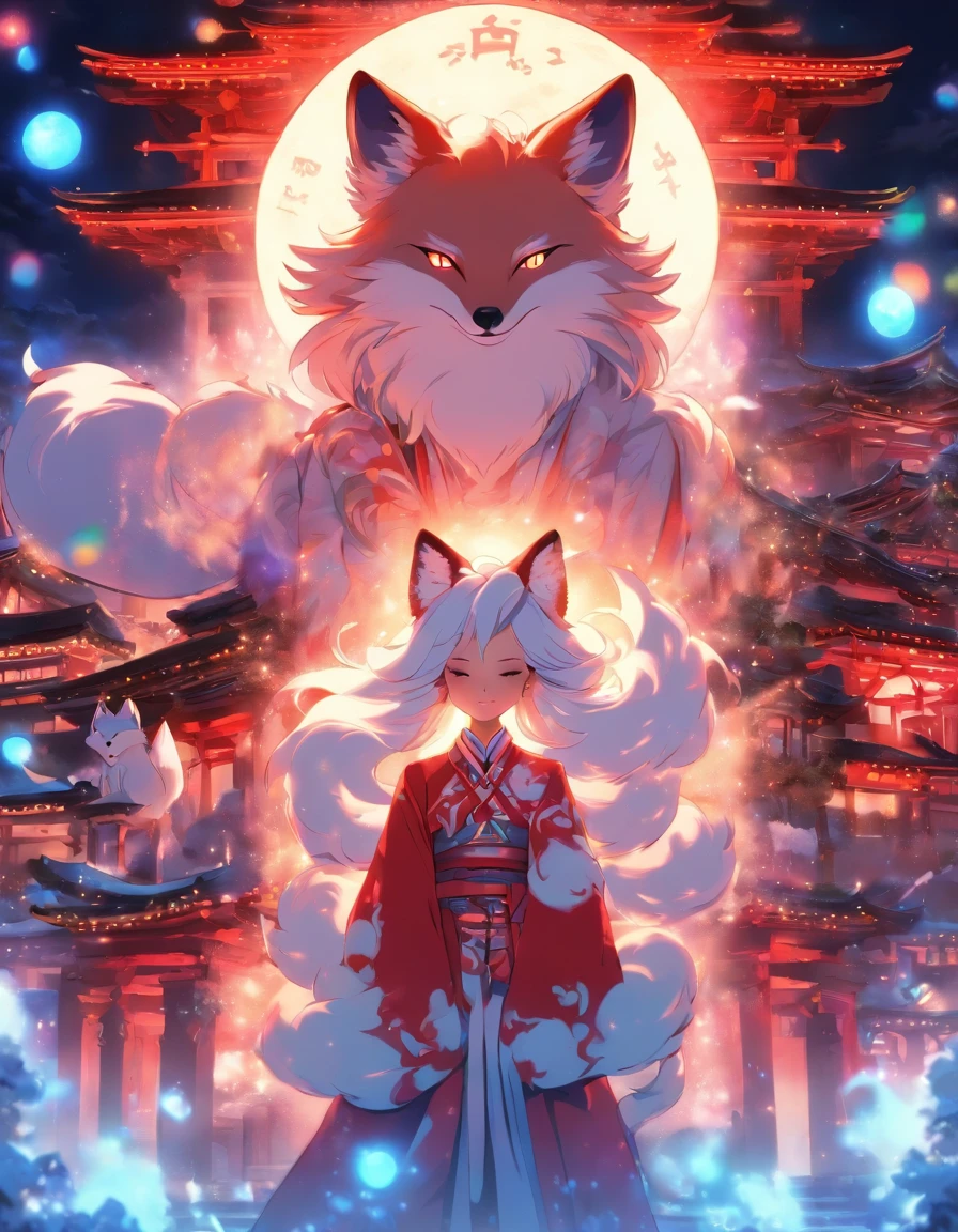 White the, The nine-tailed god fox and priestess stand in front of the main shrine, illuminated by the moonlight. They have a beautiful face and brightly colored glowing eyes. They are dressed in white and crimson priestess costumes. The white fur of a fox shines faintly in the moonlight. Detailed drawing. Vivid colors. High image quality. --S 1000 --AR 4:5 - Rainbow 5
1 girl、Fox ears、Fox tail、Snuggle in front of the moonlit main shrine、Nine-Tailed White God々The Fox and the Priestess。For a beautiful face、Brightly colored eyes。Wearing a priestess uniform in white and crimson。White fur of a fox、Glowing faintly in the moonlight。Detailed drawing。Vibrant colors。high-level image quality。