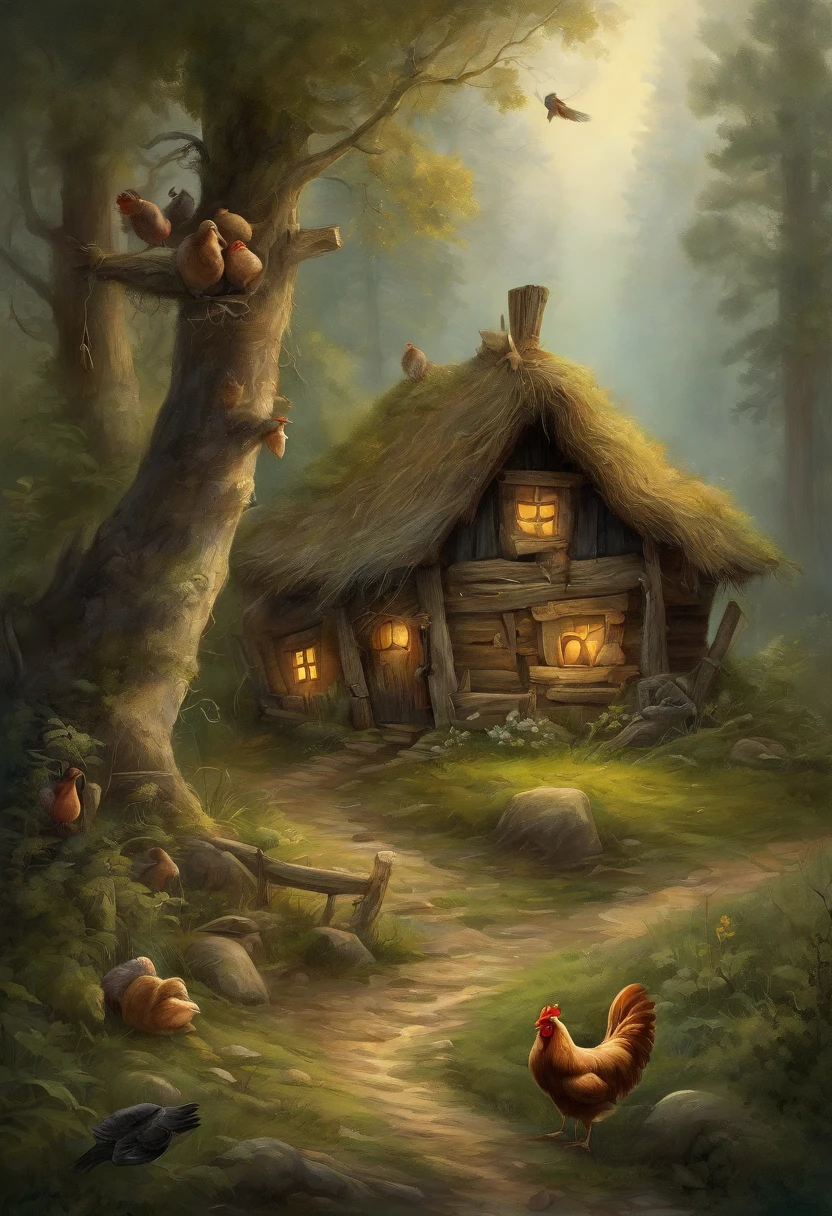 (Realistic,Ultra-detailed,hight resolution,Masterpiece:1.2),Dark atmosphere,Illustrative design of old Russian fairy tales,deeply forested,"Hut with chicken legs" Standing Explanation: - (Realistic,Ultra-detailed,hight resolution,Masterpiece:1.2): to ensure high-quality and detailed image generation. - dark atmosphere: adjusting the overall mood of the image to dark and mysterious. - illustrations of old Russian fairy tales: Specify the art style and theme of the tooltip, awakening the charm of traditional Russian fairy tales. - dense forest: Description of the environment, in which the scene takes place, emphasizing the proximity and density of the forest. - "Hut with chicken legs" Standing: Introduction of a specific element from Russian folklore, Adding a fantastic touch to a tooltip.