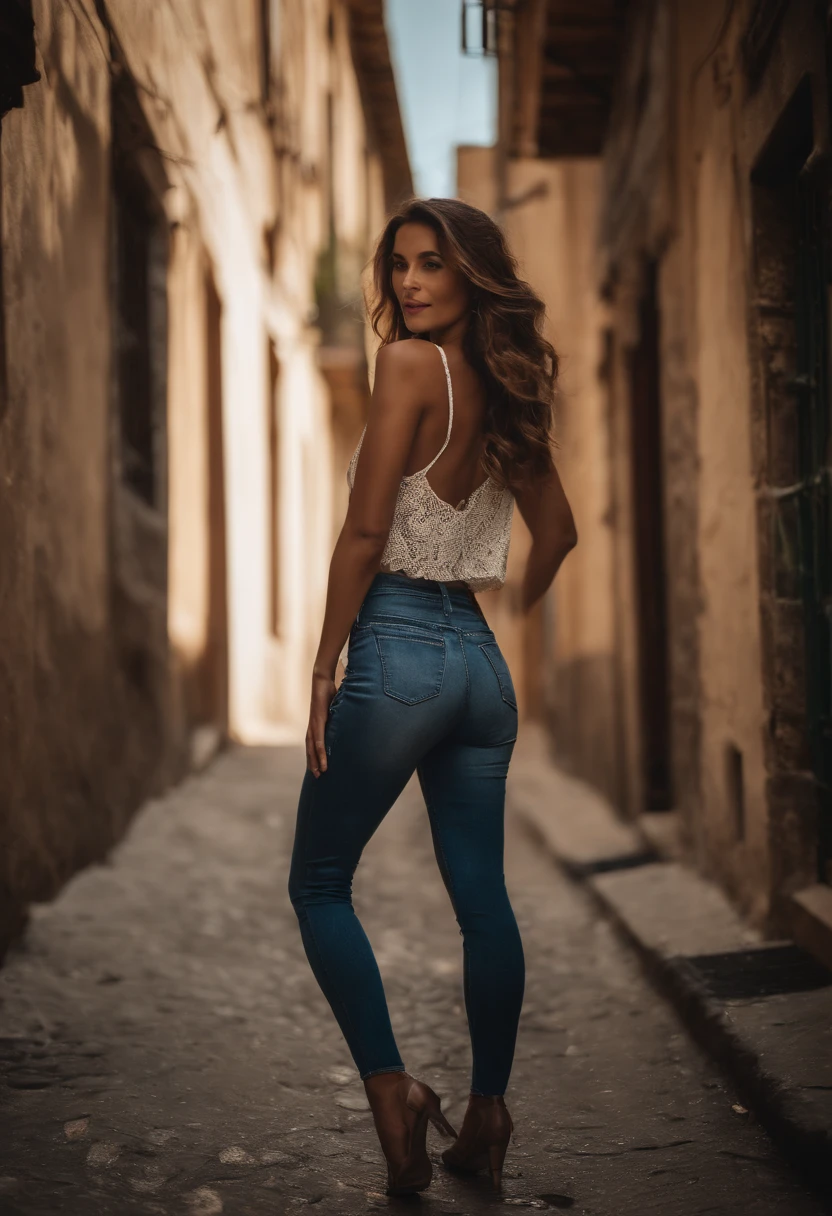 Beautiful woman dancing in a back alley, usando uma regata curta e jeans leve, cabelos muito longos, gradient eyes, malcriado, Arte Pop, brilho, canon, Hard disk, retina, master part, ccurate, anatomicamente correto, pele texturizada, super detalhe, detalhes altos, alta qualidade, Concedido, melhor qualidade, Alto, 1080P, disco Rigido, 4k, 8k, 16k