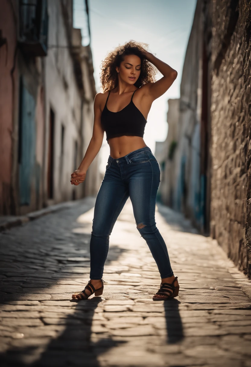Beautiful woman dancing in a back alley, usando uma regata curta e jeans leve, cabelos muito longos, gradient eyes, malcriado, Arte Pop, brilho, canon, Hard disk, retina, master part, ccurate, anatomicamente correto, pele texturizada, super detalhe, detalhes altos, alta qualidade, Concedido, melhor qualidade, Alto, 1080P, disco Rigido, 4k, 8k, 16k