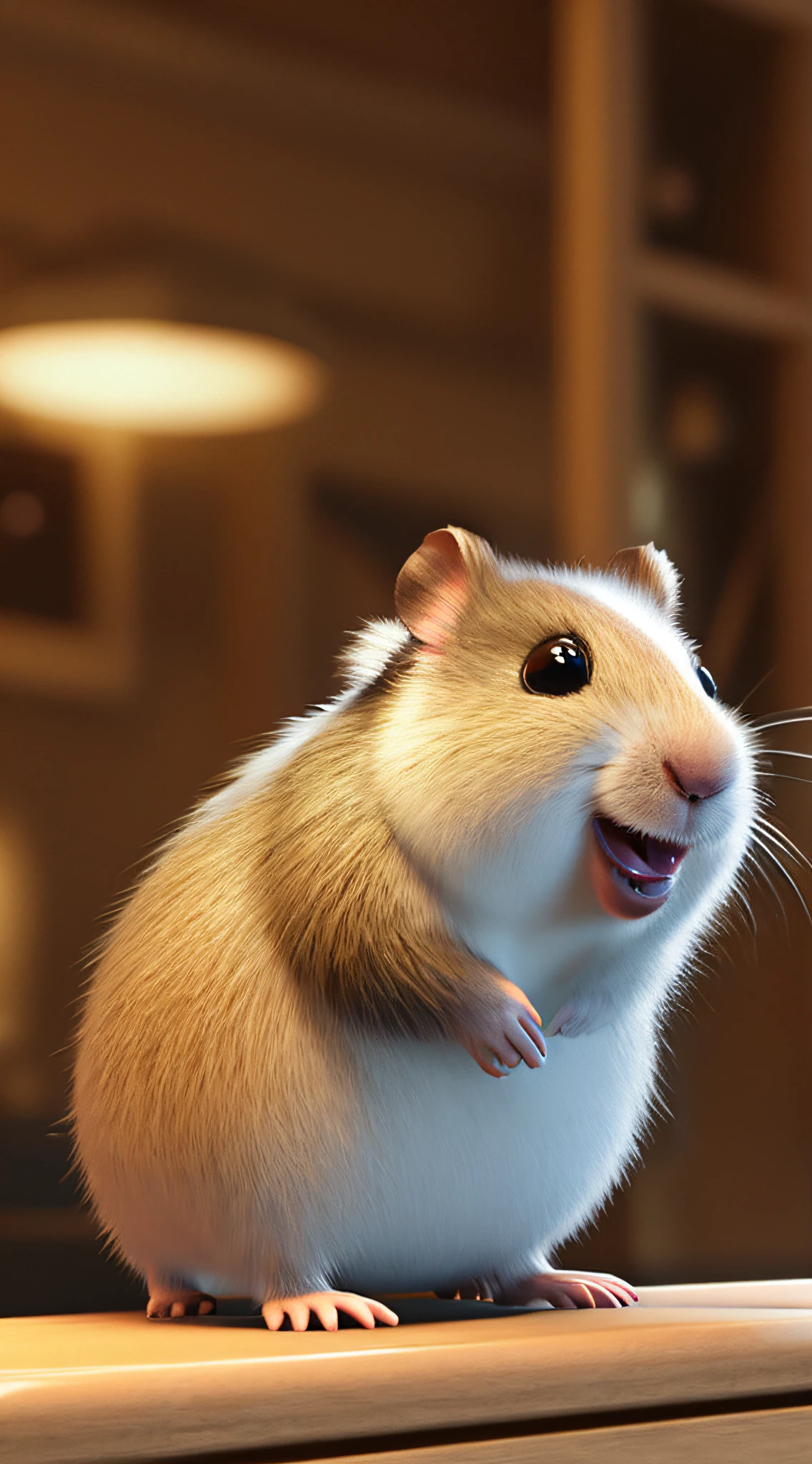 The cute little hamster waved and smiled in greeting me,unreal-engine,cozy indoor lighting,art stations,detailed digital painting,cinematic ligh,Character design for Mark Raden and Pixar and Hayao Miyazaki,illusory 5,daz,ultra-realistic realism,Octane rendering,3DMDT1