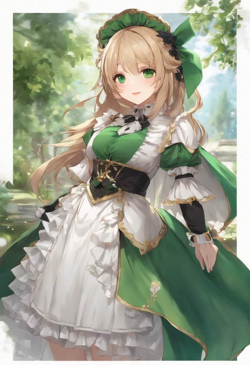 Masterpiece, Best quality, 1girll, Solo, Nahida_Genshin, cross-shaped pupils, Maid outfit, Green cape, standing