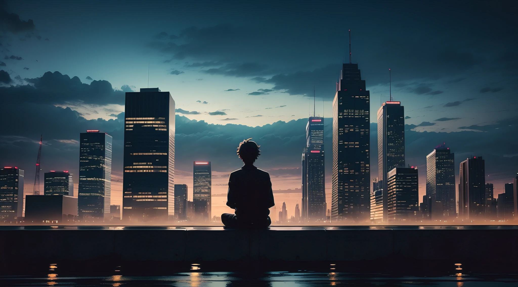 anime,silhouette,1 boy sit, cityscape, building, city, outdoors, city lights, night, night sky, skyline, water, river