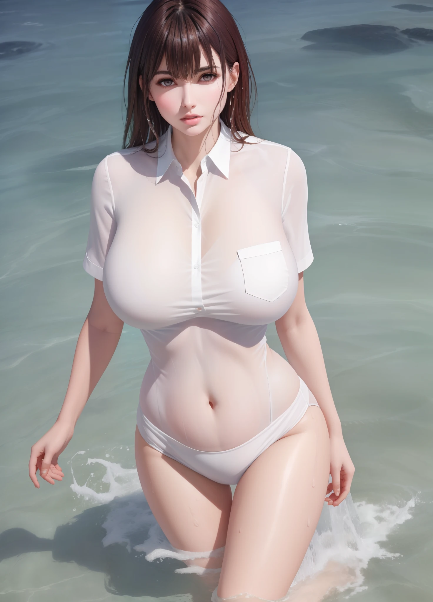 HD picture，Ultra-clear，Beautiful woman，The lower abdomen is flat，The thighs are firm and powerful，Bumpy，gigantic cleavage breasts，Tall，Full body like，brunette color hair，Qi bangs，Clear white shirt，Get wet