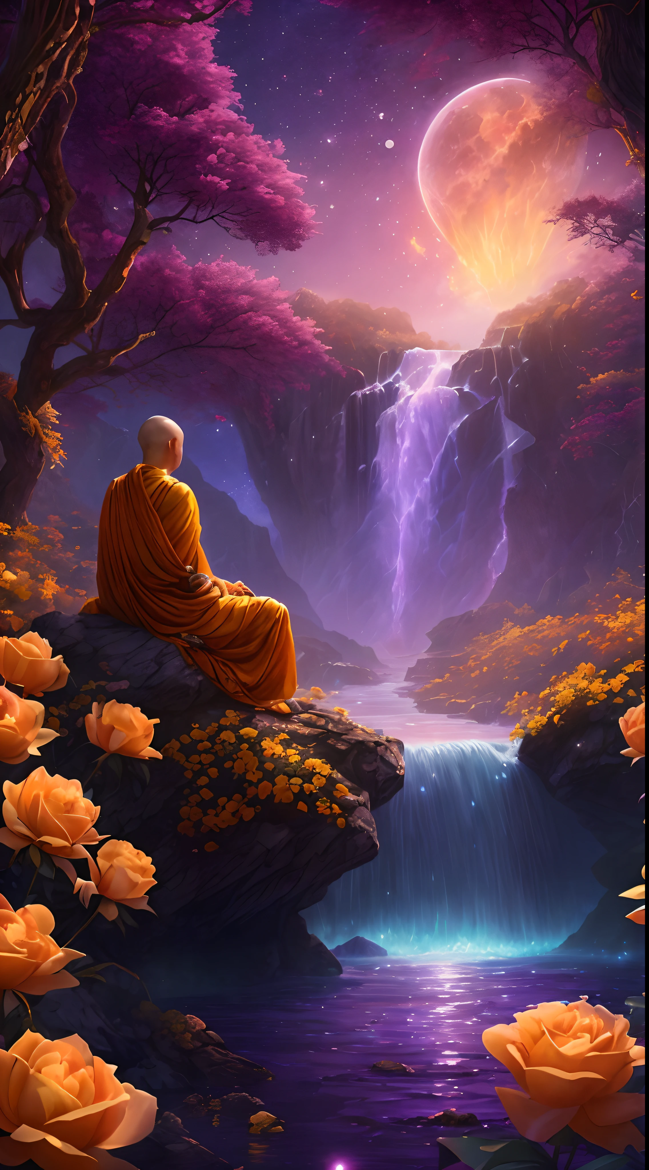 Close up, expansive landscape photograph , (a view from below that shows sky above and open field below), A Buddhist monk walking on stone steps in yellow Peony flower garden looking up, ( comet:0.9), (nebula:1.3), distant Wetland, BREAK production art, (warm light source:1.3), lamp, lot of purple and orange, intricate details, volumetric lighting, realism BREAK (masterpiece:1.2), (best quality), 4k, ultra-detailed, (dynamic composition:1.4), highly detailed, colorful details,( iridescent colors:1.2), (glowing lighting, atmospheric lighting), dreamy, magical, (solo:1.2), magical beautiful waterfall, misty