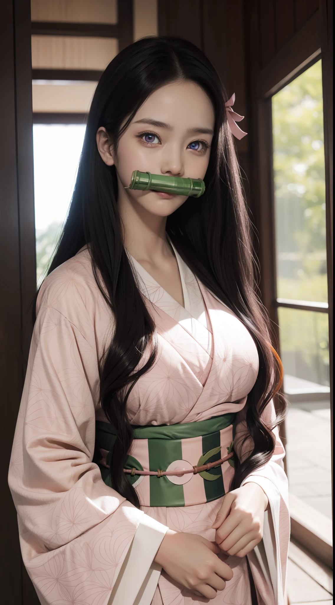 nezukokamado, nezuko kamado, bamboo, (bit gag:1.5), black hair, (forehead:1.5), gag, gagged, hair ribbon, long hair, multicolored hair, (pink eyes:1.5), orange hair, slit pupils, wavy hair, two-tone hair,
BREAK asa no ha (pattern), checkered sash, haori, japanese clothes, kimono, long sleeves, obi, pink kimono, sash, wariza, wide sleeves,
BREAK looking at viewer,
BREAK indoors,
BREAK (masterpiece:1.2), best quality, high resolution, unity 8k wallpaper, (illustration:0.8), (beautiful detailed eyes:1.6), extremely detailed face, perfect lighting, extremely detailed CG, (perfect hands, perfect anatomy), big boobs