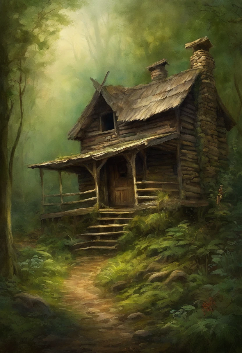 (dark atmosphere, dense forest, "The Hut on Chicken Legs", literally an old hut standing on two tall chicken legs, an image from ancient Russian fairy tales stands on a height) (best quality, realistic:1.37),ultra-detailed, HDR, vivid colors,physically-based rendering,sharp focus (traditional, mystical, magical) (green tones, subtle lighting)
