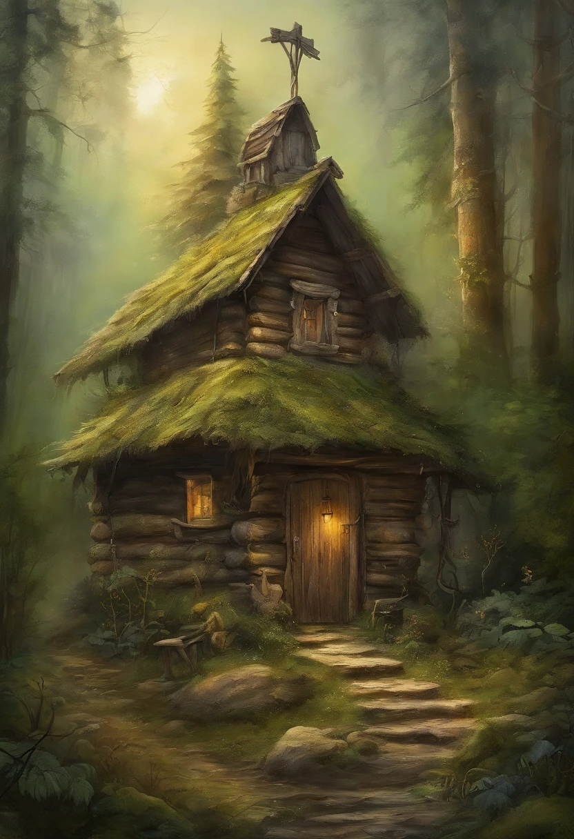 (dark atmosphere, dense forest, "The Hut on Chicken Legs", literally an old hut standing on two tall chicken legs, an image from ancient Russian fairy tales stands on a height) (best quality, realistic:1.37),ultra-detailed, HDR, vivid colors,physically-based rendering,sharp focus (traditional, mystical, magical) (green tones, subtle lighting)