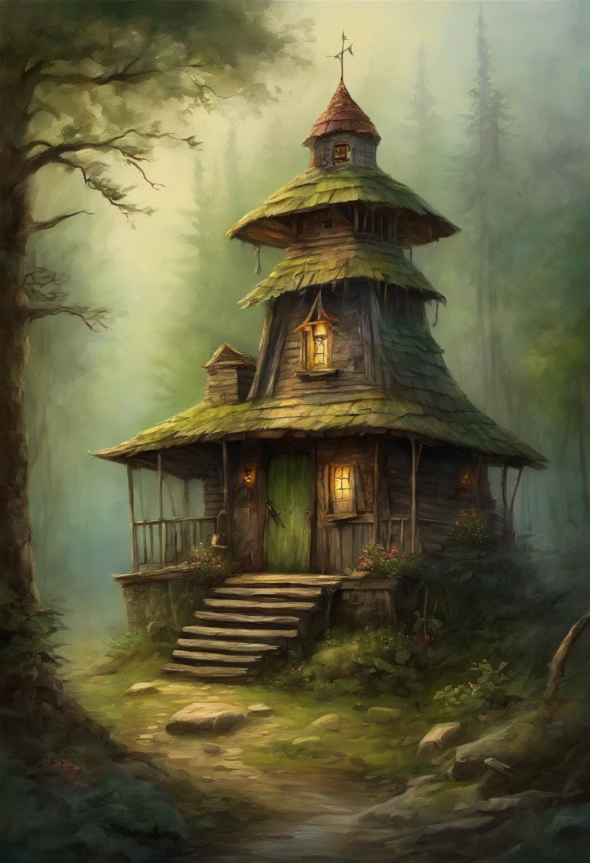 (dark atmosphere, dense forest, "The Hut on Chicken Legs", literally an old hut standing on two tall chicken legs, an image from ancient Russian fairy tales stands on a height) (best quality, realistic:1.37),ultra-detailed, HDR, vivid colors,physically-based rendering,sharp focus (traditional, mystical, magical) (green tones, subtle lighting)