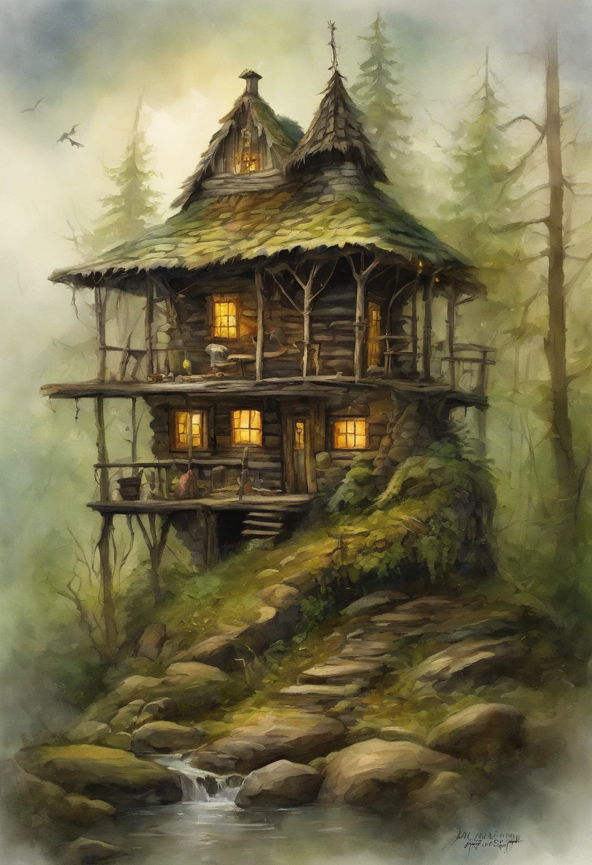 (dark atmosphere, dense forest, "The Hut on Chicken Legs", literally an old hut standing on two tall chicken legs, an image from ancient Russian fairy tales stands on a height) (best quality, realistic:1.37),ultra-detailed, HDR, vivid colors,physically-based rendering,sharp focus (traditional, mystical, magical) (green tones, subtle lighting)