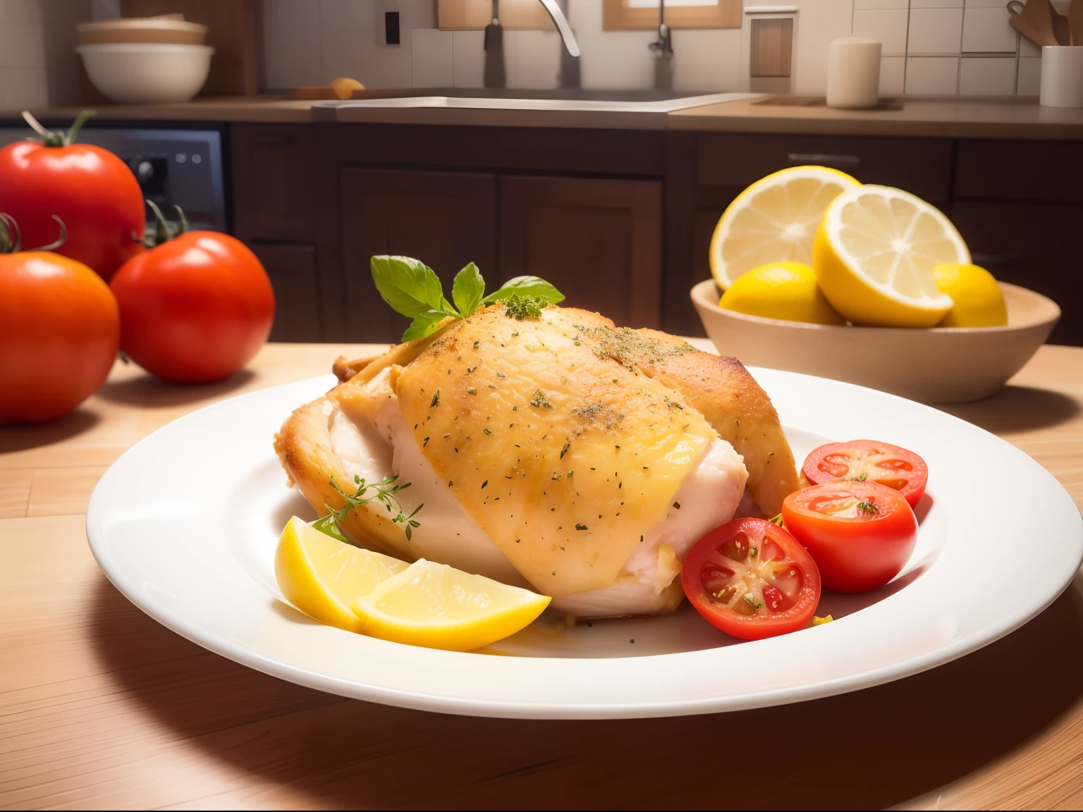 baked chicken on a plate with lemons, tomatoes, and herbs, high quality, food photography, realistic scene, cinematic full shot, kitchen in the background