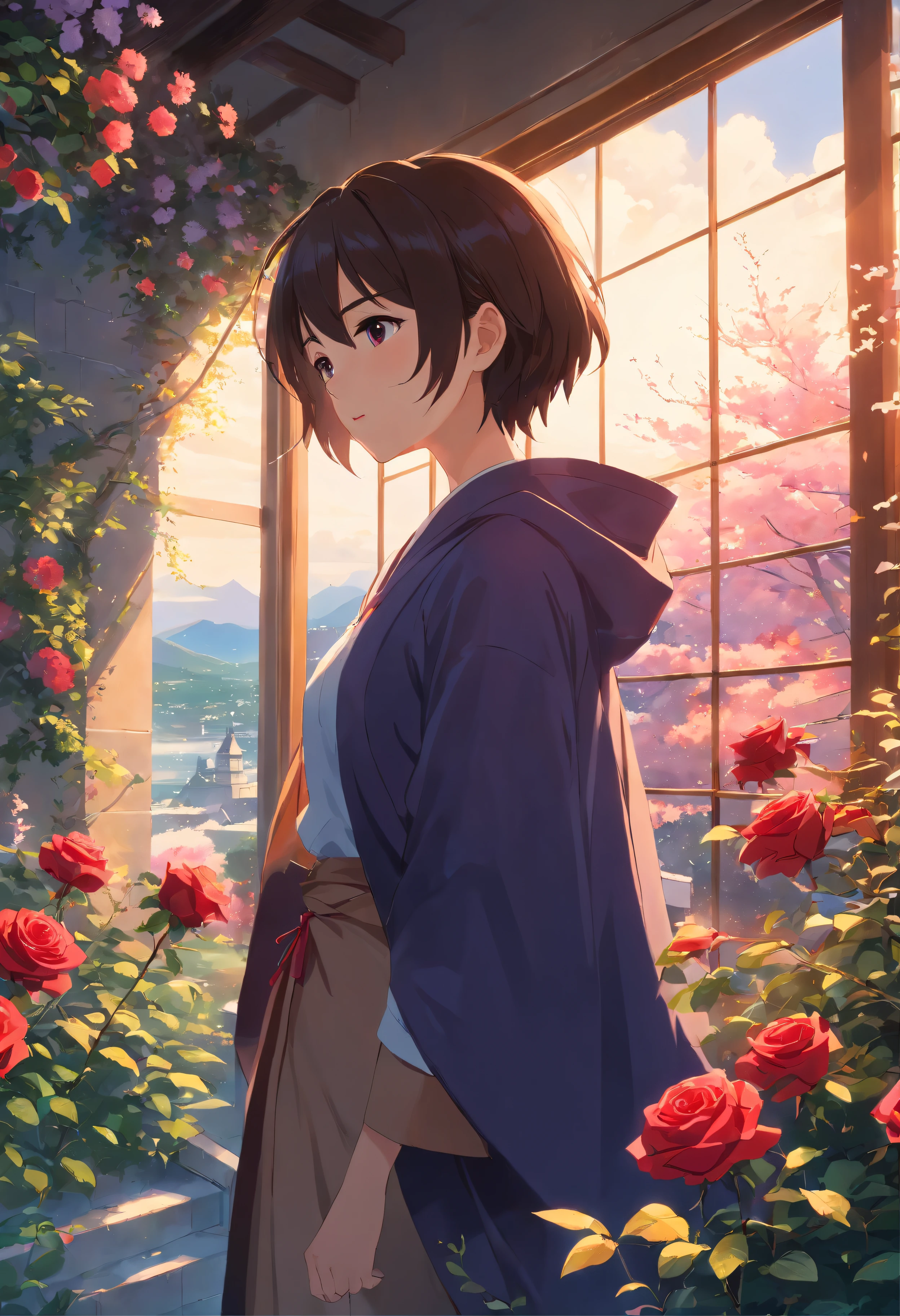 (best quality,4k,8k,highres,masterpiece:1.2),ultra-detailed,realistic,oil painted,The snow-white shirt fits perfectly to the figure,The black cloak flutters in the wind,In the background is an old castle,Sunlight floods into the room through the windows,Creates a soft light and shadow effect,Make the whole picture more mysterious,The garden in the background is full of bright red roses and purple vines,The beautiful natural scenery blends perfectly with the man,The color tones are mainly soft warm tones,The overall picture is full of romance。