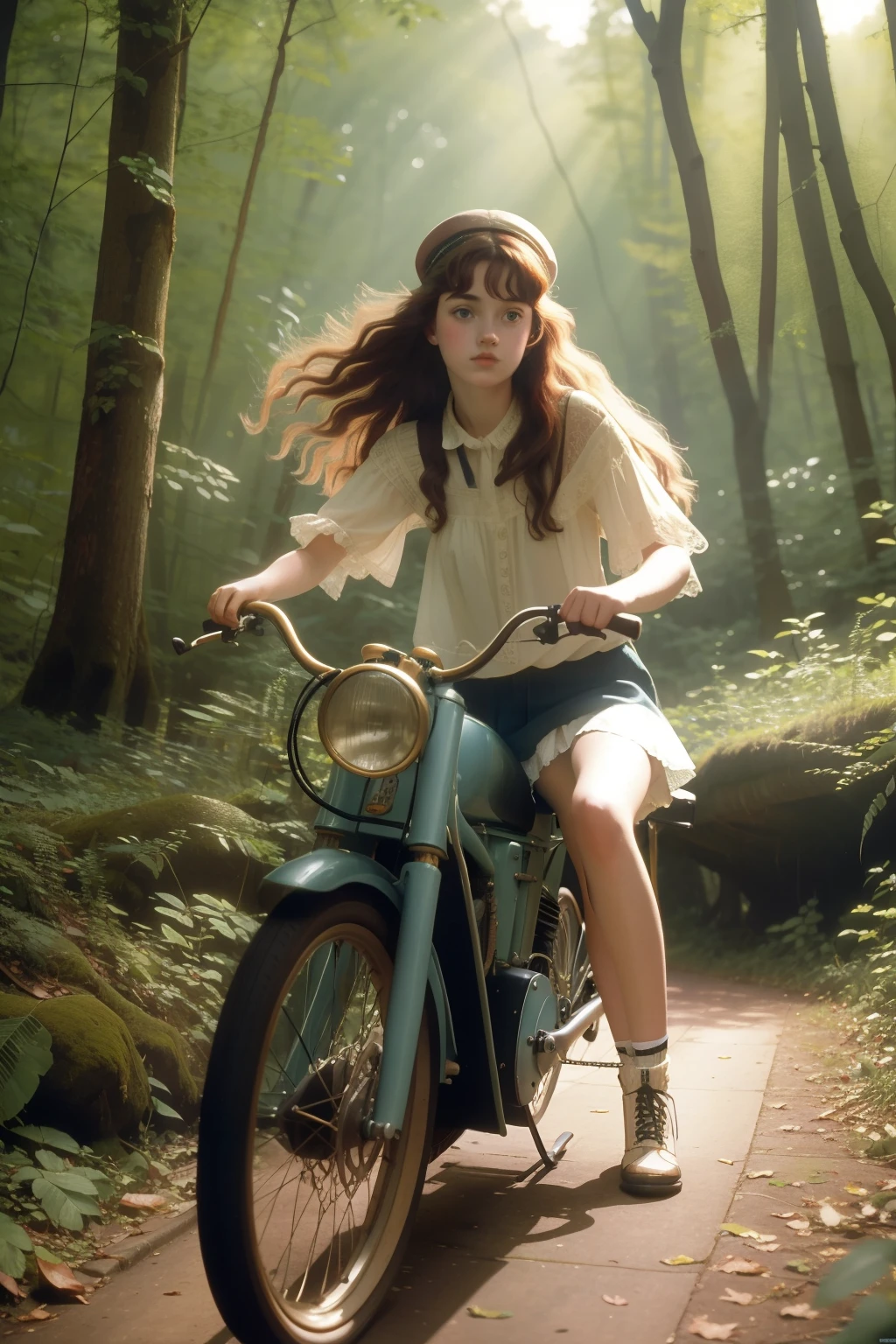 Date: 1992
Description:
Capture a captivating fusion of Pre-Raphaelite elegance and a teenage girl in early '90s grunge fashion, skillfully riding a vintage-style bicycle through a sunlit forest, her attire and surroundings blending harmoniously.