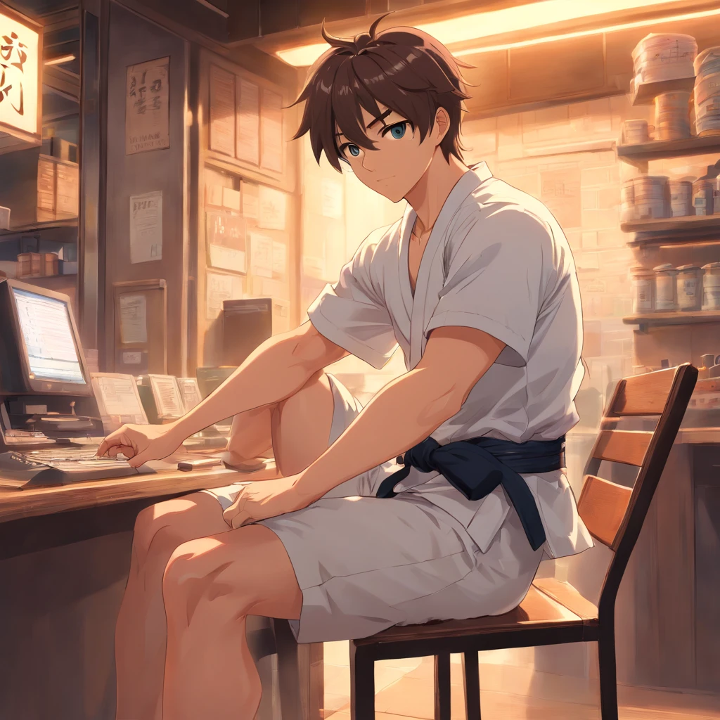 best quality, masterpiece, super high resolution, detailed background, realism, Illustrations, single, 1 boy, street, muscle, volumetric lighting, depth of field, facial hair, ryu, crew cut, (white clothes), sitting on chair, black belt, (raised crotch), barefoot