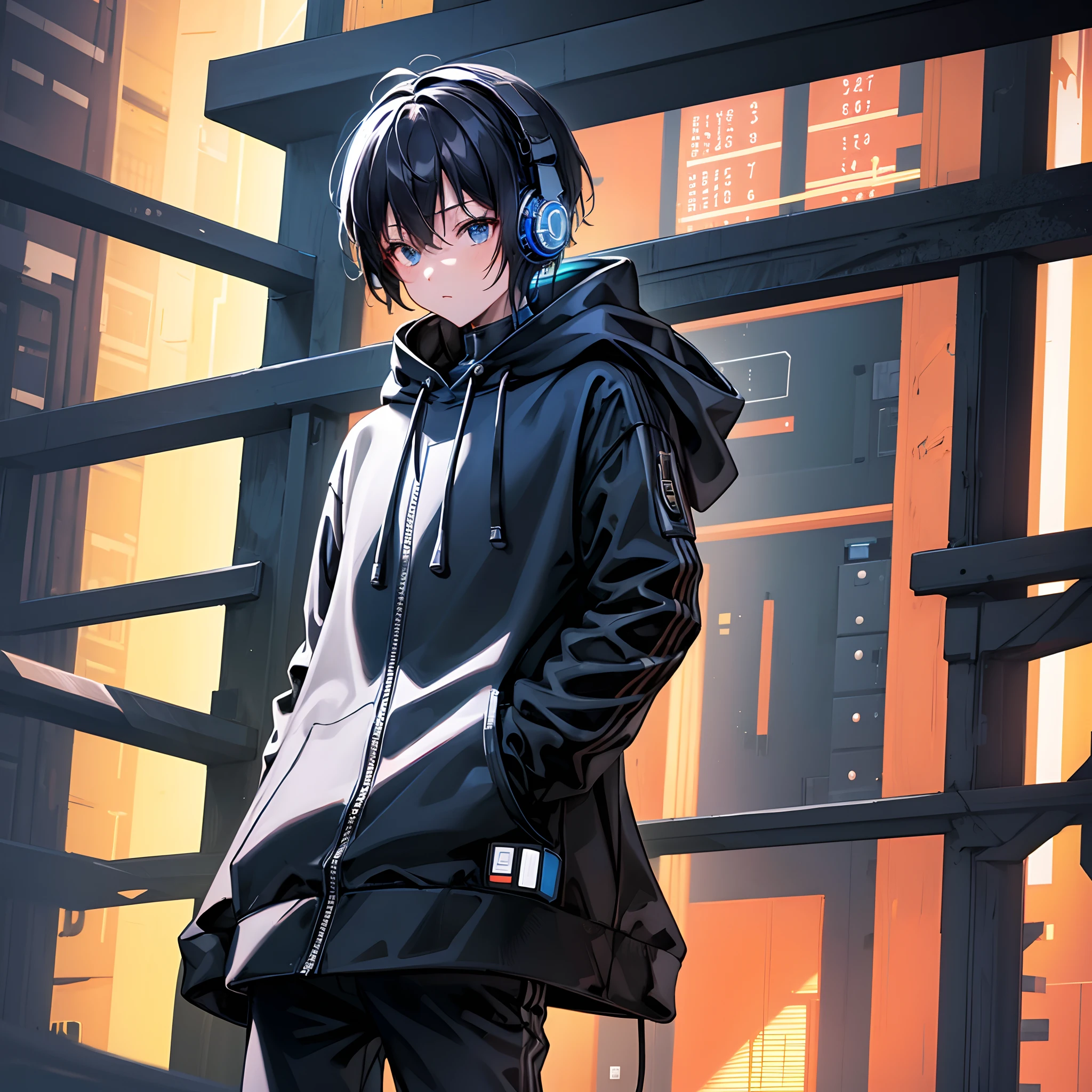 A boy,codes, surrounded by binary codes,hacker, wearing a black hoodie, headphones around his neck, digital environment, inside the internet, absolutely stunning art, extremely detailed,highest quality digital art