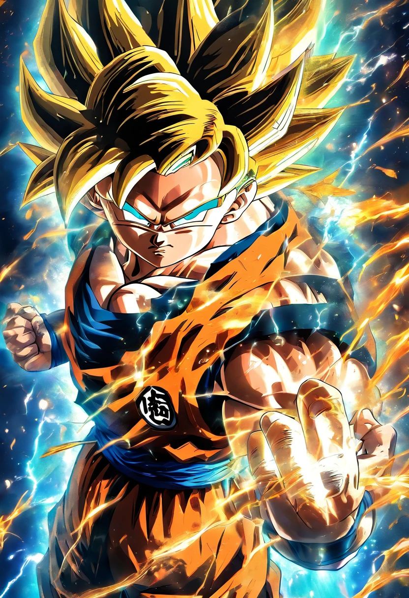 (Theme athestic, dark, vibrant), son Goku from dragon ball z, highest detailed, highest quality,pro art, godly design