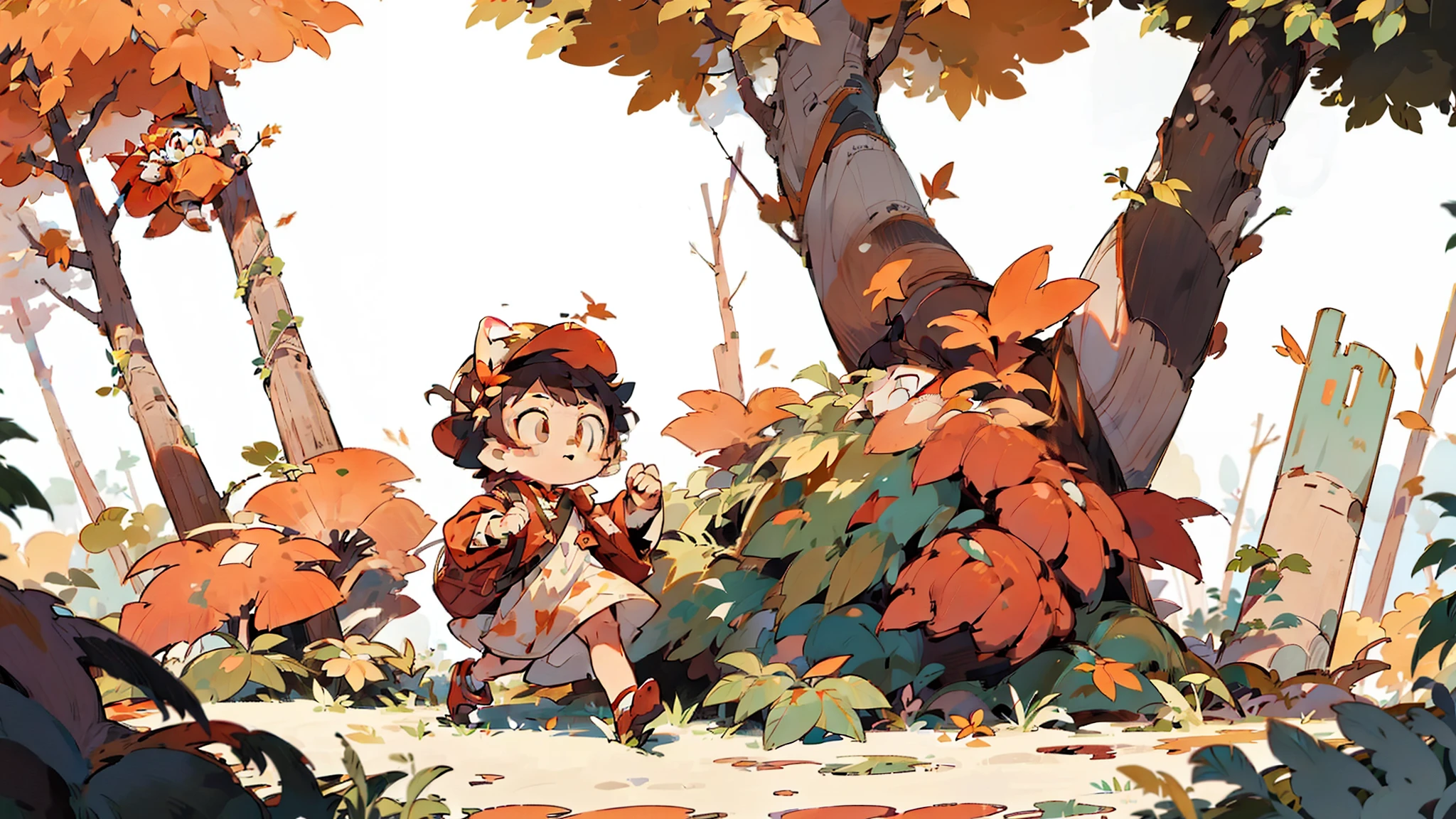 Cute girl in white dress stepping on
autumn leaves in the park,Under the Maple Tree,in the style of spatial concept artconcept art, pink and amber, sublime wilderness,energy-filled illustrations,child-like innocence, colorful animation stills, organic realism,
calligraphy-inspired,fantasy,Autumn's red-orange color, bright backgrounddistant view,blankspace on top of frame flat illustration, VictoNgai style--ar 3:4--niji 5
