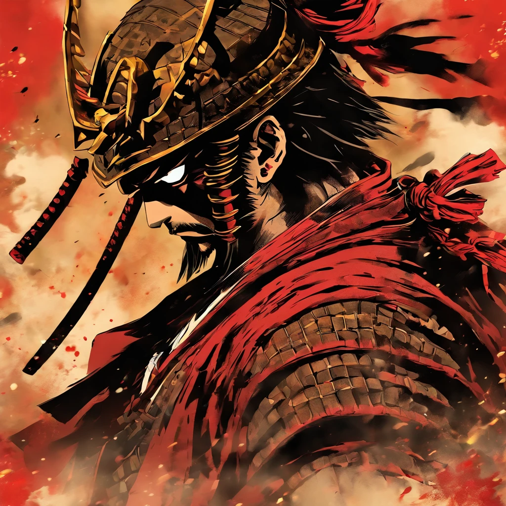 Samurai Japan first rank,fundo vermelho,Ink painting style
