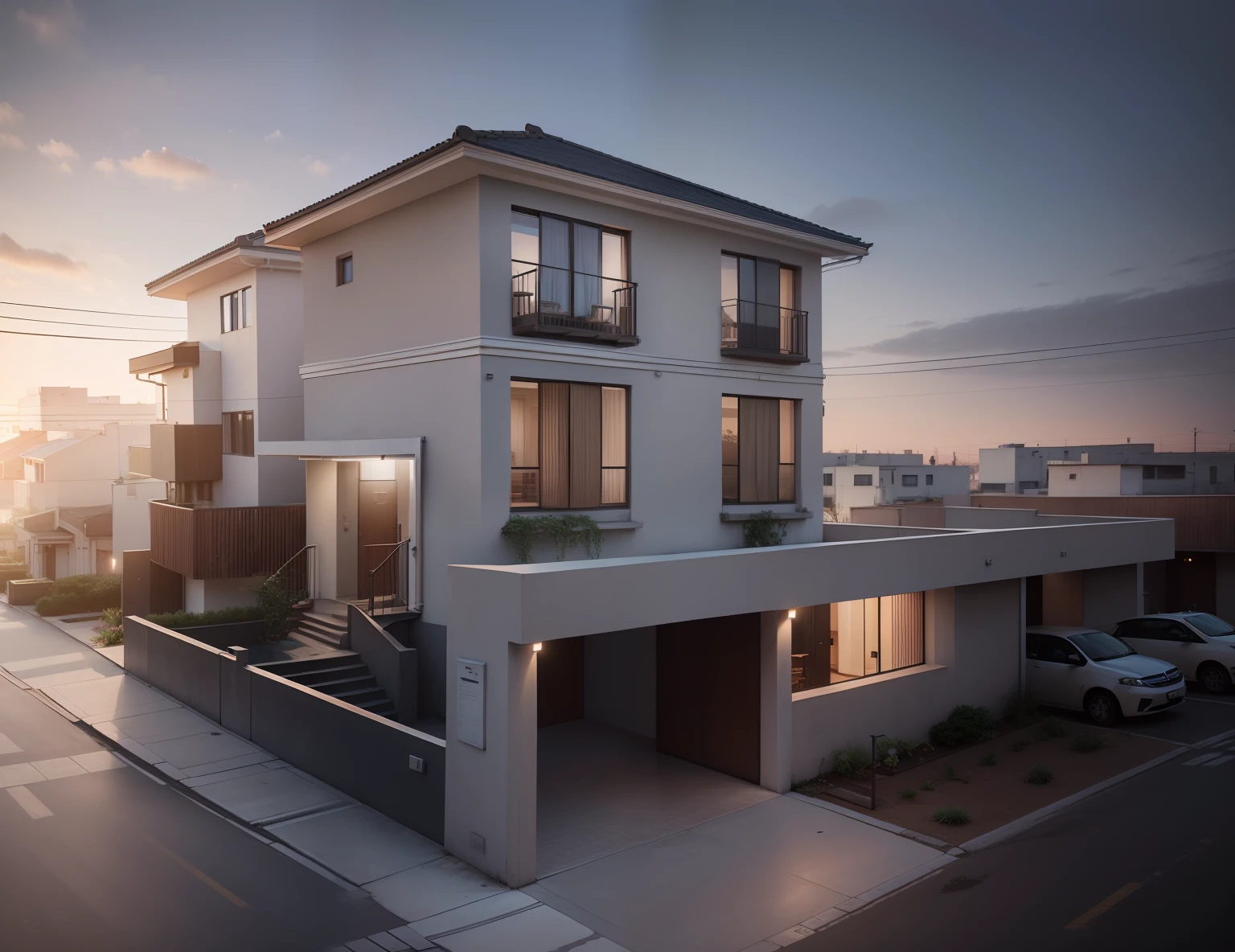 (Urban townhouses ,Close houses and trees), Daylight ( Best quality) ((High solution)) ,(( photograph realistic)) ,Warm light, (Sharp focus) Modern style townhouse front view,Small house, Narrow areas,vietnam,allure, Curved arches,Beautiful facades,Arc window,Narrow and long ,Two floors,Color each other, Soft lighting, Warm atmosphere,high resolution, ultra - detailed,4K ,vray render, rendering by octane, Ultra photo realsisim, Photography expert ,Exterior design , Professional photography, exterior photography,wide - angle shot , Ultra detail , high resolution , full framing, full bodyesbian,nighttime scene,lighting design