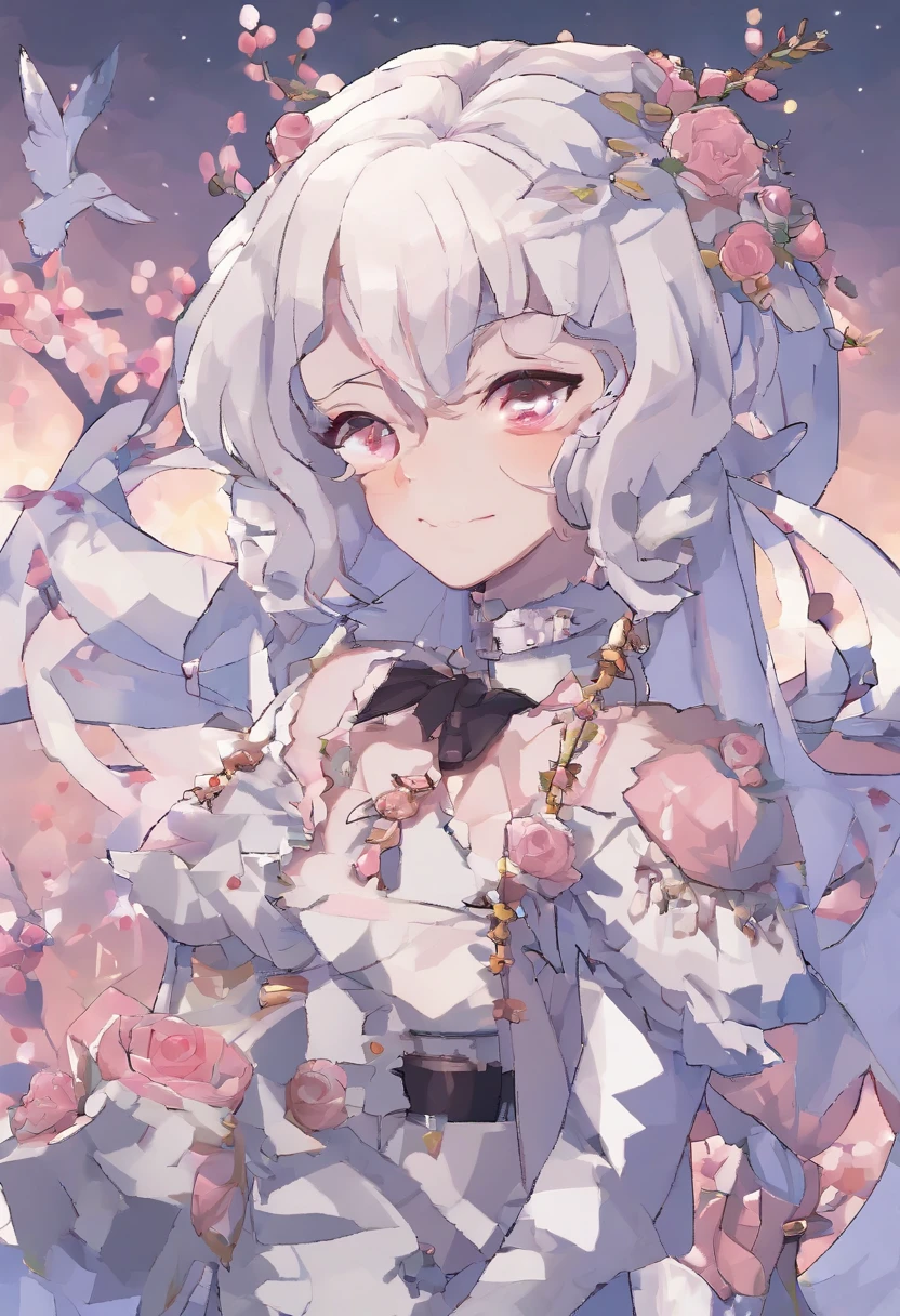 Bai Zhe's skin,Short silver-white hair, a small handful of which is pink,The pupils of both eyes are pink,Superskirt,White translucent stockings are worn on the legs,Very delicate blush,Drooling at the corners of the mouth,The perspective is bottom-up。