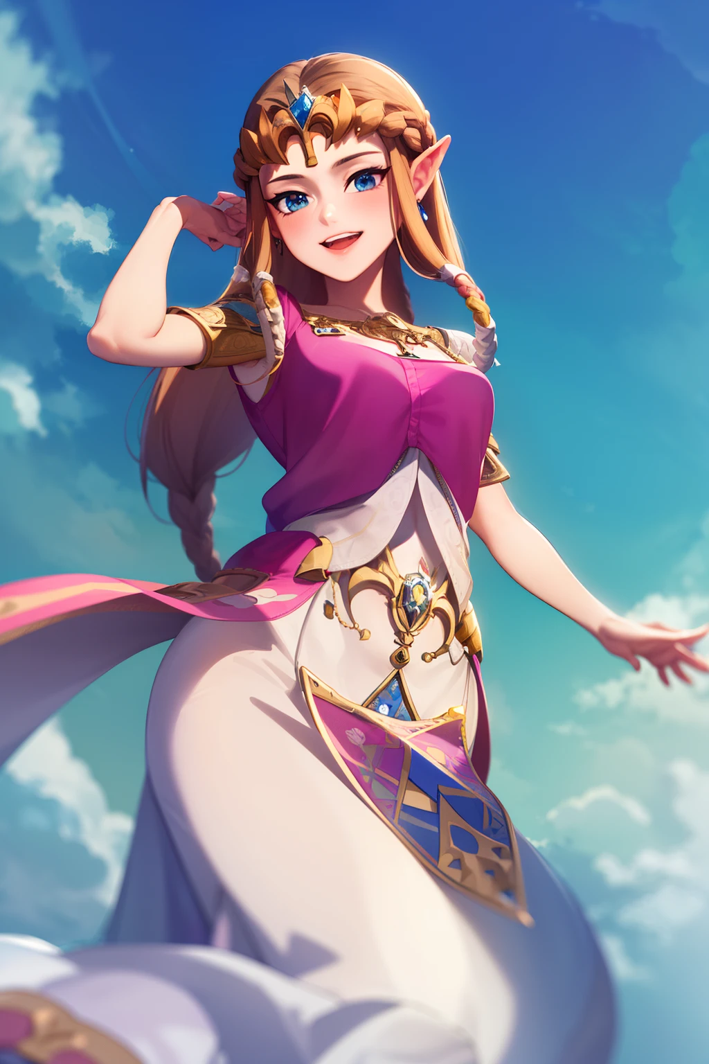 obra maestra, best_quality, 1girl, solo, princesa zelda, parada saludando, mano levantada, sonriendo,twpr,