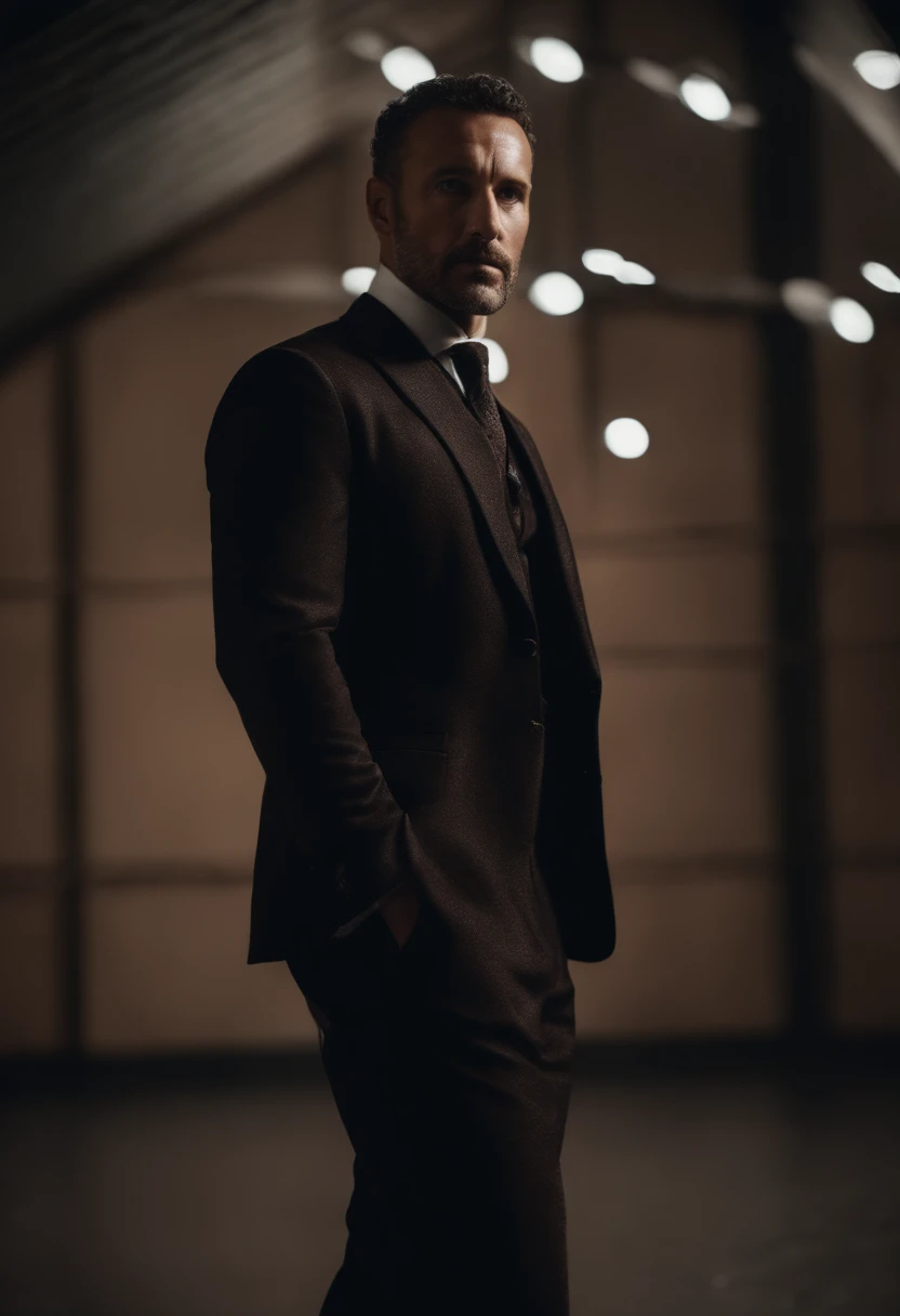 Cinematic photo, wide angle, of a handsom man, tall and fit, 40 years old, shaven , short curly brown hair. dark brown tight velvet suit, with black flower patterns. Minimalistic background, clean composition, strong details, Muted Colours, Hasselblad --style raw