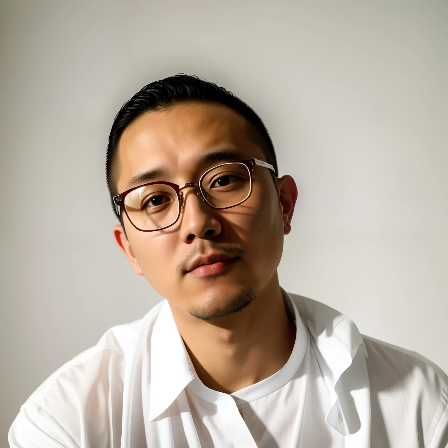 there is a man with glasses and a white shirt posing for a picture, shigeto koyama, inspired by Chen Daofu, Leng Jun, cover photo portrait of du juan, shigeto hirai yuya, yanjun cheng, inspired by Shigeru Aoki, xintong chen, peter xiao, inspired by Luo Ping, feng shu