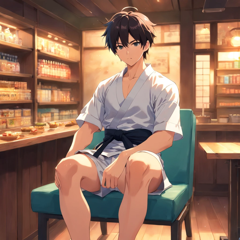 best quality, masterpiece, super high resolution, detailed background, realism, Illustrations, single, 1 boy, street, muscle, volumetric lighting, depth of field, facial hair, ryu, crew cut, (white clothes), sitting on chair, black belt, (raised crotch), barefoot