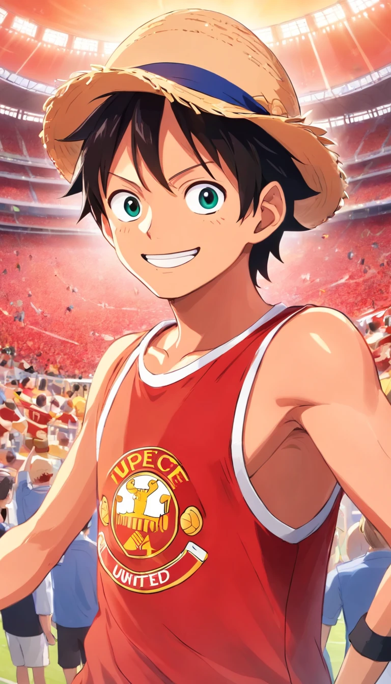 "《One Piece》Luffy wears Manchester United No. 5 Maguire Shirt, also wear straw hat, standing in a stadium, Facing the camera, Raise a hand,Smiling, doing a celebration. "