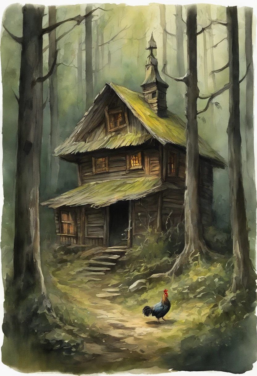 (Dark atmosphere, deeply forested, "Hut on chicken legs", Literally an old hut, standing on two tall chicken legs, The image from ancient Russian fairy tales is on top) (Best Quality, Realistic:1.37),Ultra-detailed, HDR, Vivid colors,physical based rendering,sharp-focus (traditional, Mystical, Magical) (green tones, Subtle lighting) An adult girl with long black hair goes to the hut. In the frame is a girl from the back. A gloomy atmosphere in the style of a modern illustration for the cover of a book.