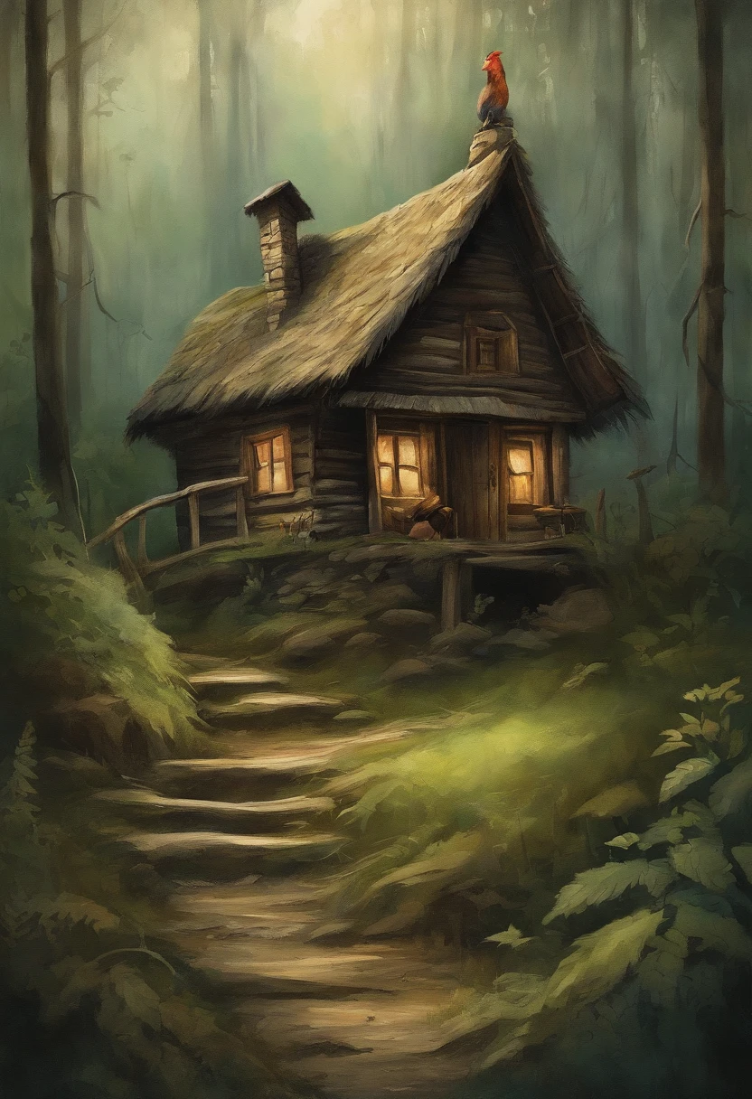 (Dark atmosphere, deeply forested, "Hut on chicken legs", Literally an old hut, standing on two tall chicken legs, The image from ancient Russian fairy tales is on top) (Best Quality, Realistic:1.37),Ultra-detailed, HDR, Vivid colors,physical based rendering,sharp-focus (traditional, Mystical, Magical) (green tones, Subtle lighting) An adult girl with long black hair goes to the hut. In the frame is a girl from the back. A gloomy atmosphere in the style of a modern illustration for the cover of a book.