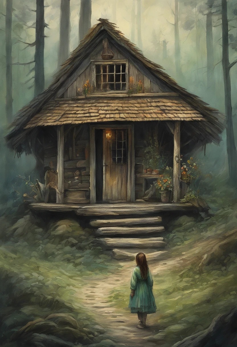 (Dark atmosphere, deeply forested, "Hut on chicken legs", Literally an old hut, standing on two tall chicken legs, The image from ancient Russian fairy tales is on top) (Best Quality, Realistic:1.37),Ultra-detailed, HDR, Vivid colors,physical based rendering,sharp-focus (traditional, Mystical, Magical) (green tones, Subtle lighting) An adult girl with long black hair goes to the hut. In the frame is a girl from the back. A gloomy atmosphere in the style of a modern illustration for the cover of a book.