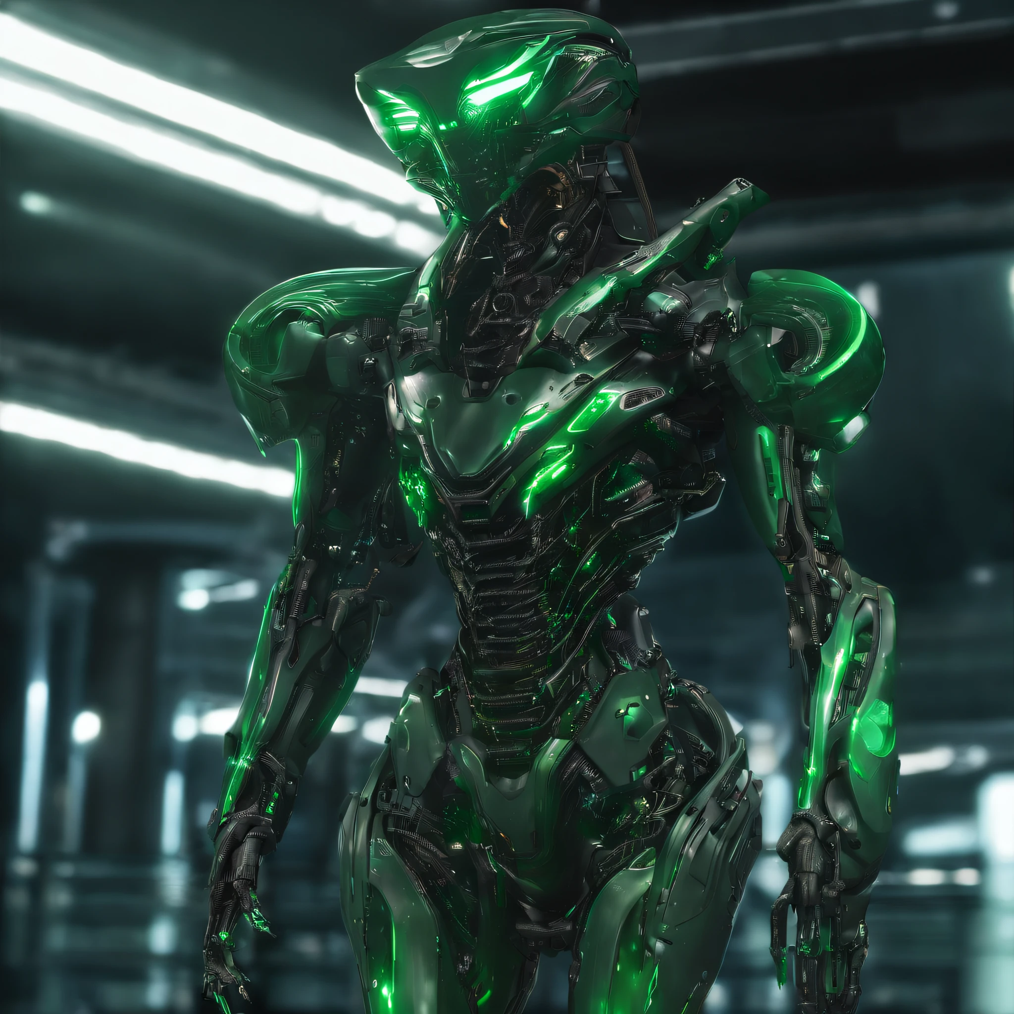An alien，full bodyesbian，Humanoid，mechs，(Wearing a dark green zirconia ceramic surface mech:1.5)，(((Hard surface properties)))，(((streamlined line design)))，It has refined features in a sci-fi environment,with light glowing, Sparks and lights, best qualtiy，tmasterpiece，Photorealsitic, Highly detailed, iintricate，unreal 5 render，