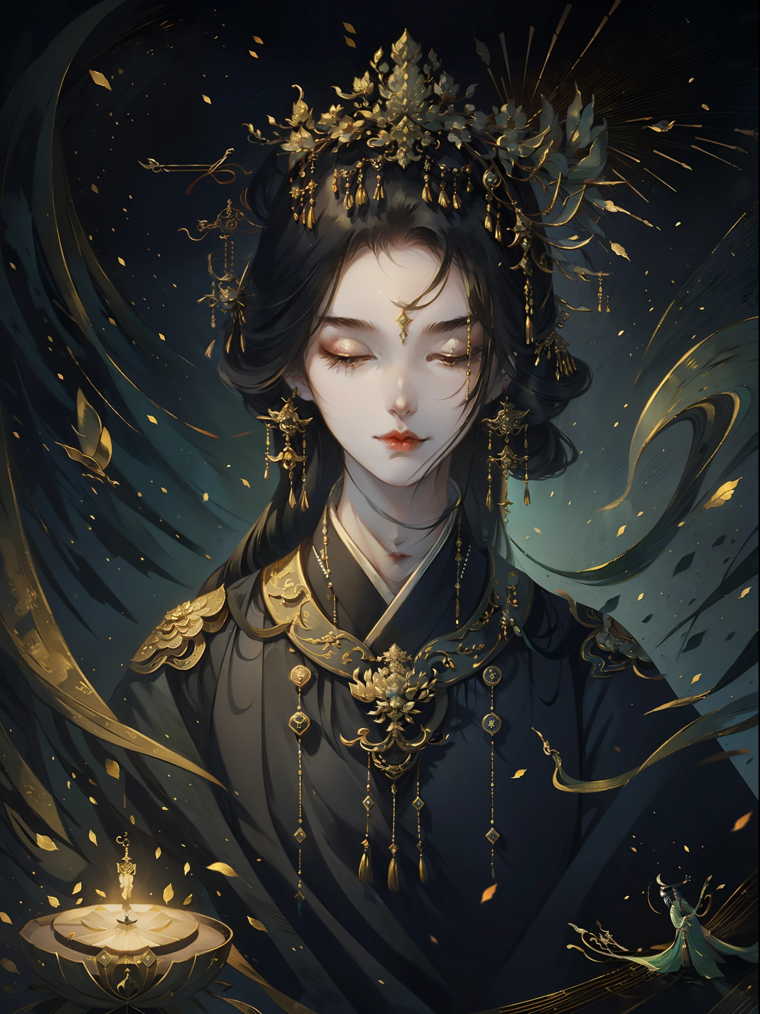 one-girl, Ancient Chinese clothing, Black clothing,Bamboo leaf embroidery,rays of sunshine, closeup of face, the 3 d effect