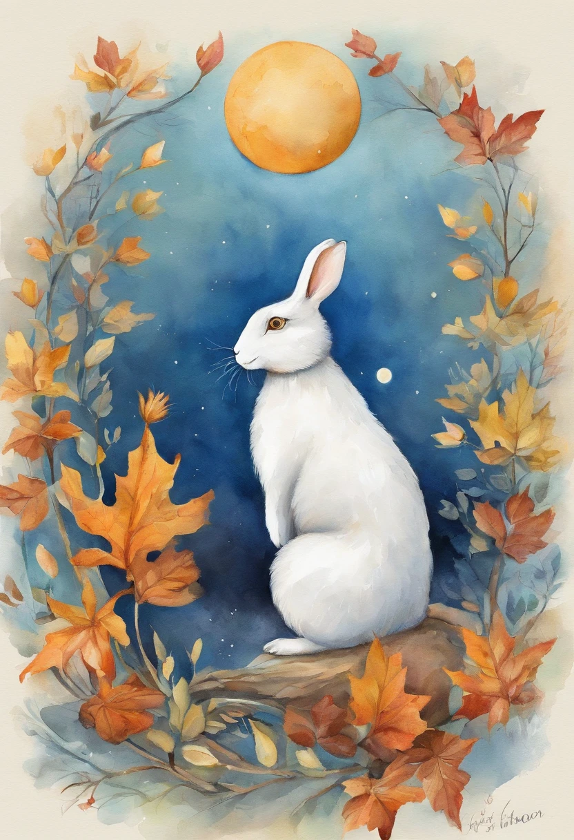 mid-autumn festival，The Moon Rabbit is looking at the clear blue sky，A thousand miles together，Peaceful landscape illustration，The moon is in the sky，Clouds float，，Natural landscape artwork，Rich color variations，finely detailed textures，8K、Landscape illustration