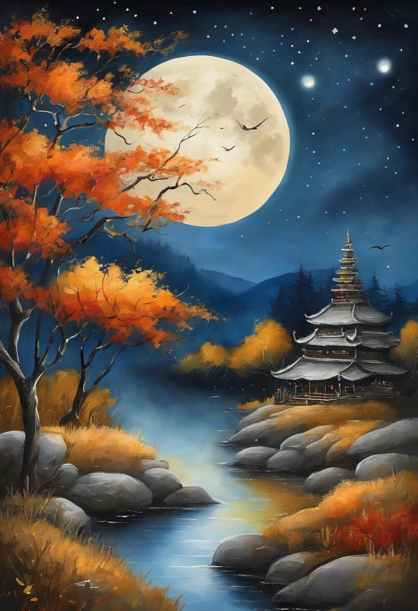 mid-autumn festival，The Moon Rabbit is looking at the clear blue sky，A thousand miles together，Peaceful landscape illustration，The moon is in the sky，Clouds float，，Natural landscape artwork，Rich color variations，finely detailed textures，8K、Landscape illustration