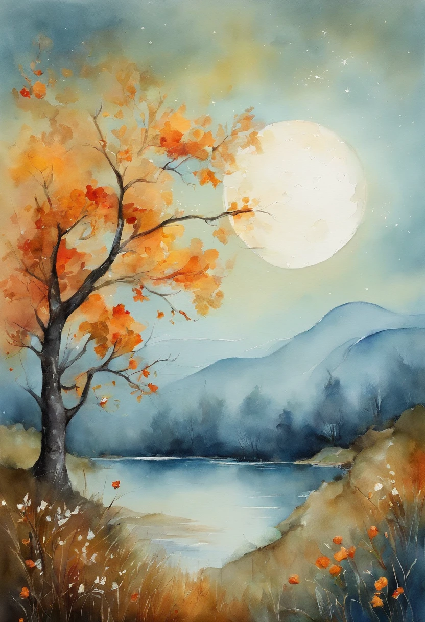 mid-autumn festival,The Moon Rabbit is looking at the clear blue sky,A thousand miles together,Peaceful landscape illustration,The moon is in the sky,Clouds float,,Natural landscape artwork,Rich color variations,finely detailed textures,8K、Landscape illustration