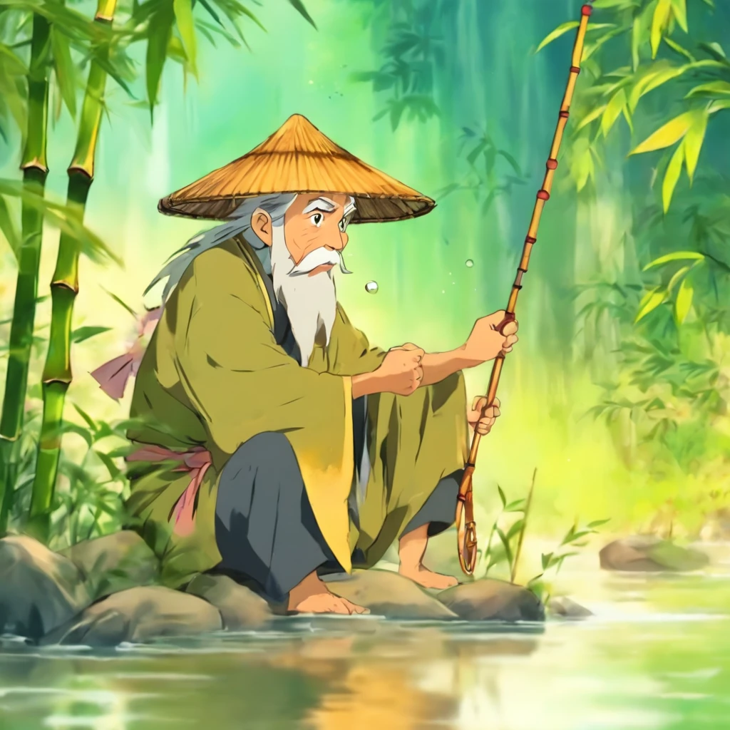 one old man,With bamboo hats,Fishing on the river,Col and watercolor painting
