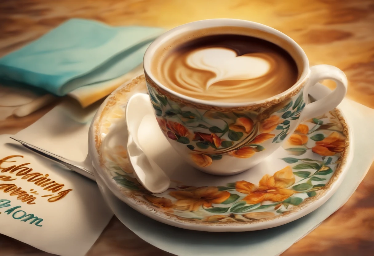 Creating an image of a cup of hot coffee, painting the words "good morning mom" , typography