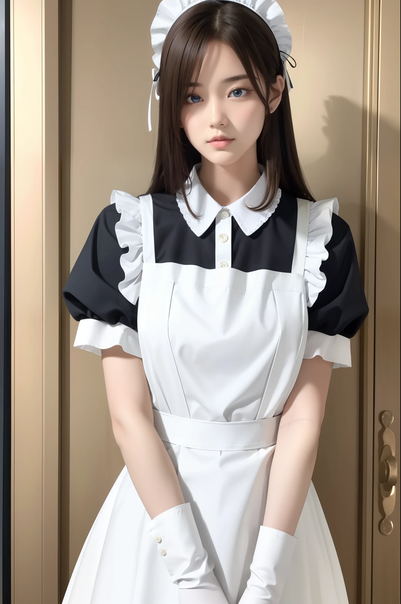 (highres), (absurdres), (best quality), (high quality), (masterpiece), 1girl, asuna, blue eyes, long hair, halo, hair over one eye, very long hair, light brown hair, (large breasts), hair ribbon, maid, maid headdress, apron, frills, frilled apron, puffy sleeves, short sleeves, white gloves, white thighhighs, arms behind back, looking at viewer,