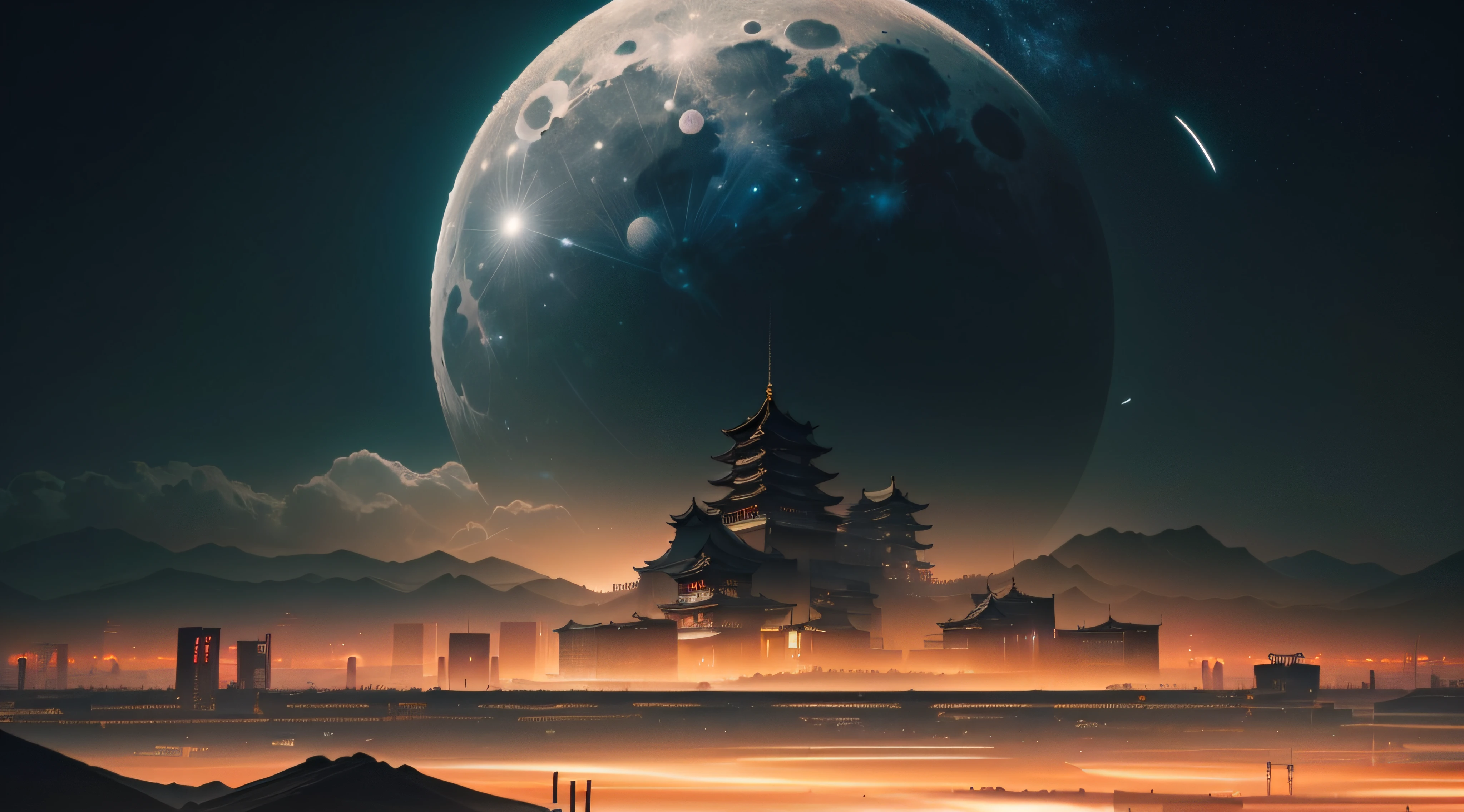 Photo taken from afar in the city with the full moon in the background, cyberpunk chinese ancient castle, 4K highly detailed digital art, arstation and beeple highly, concept art wallpaper 4k, cyberpunk japanese temple, 4 k manga wallpaper, 3d render beeple, artgem and beeple masterpiece, sci-fi fantasy wallpaper